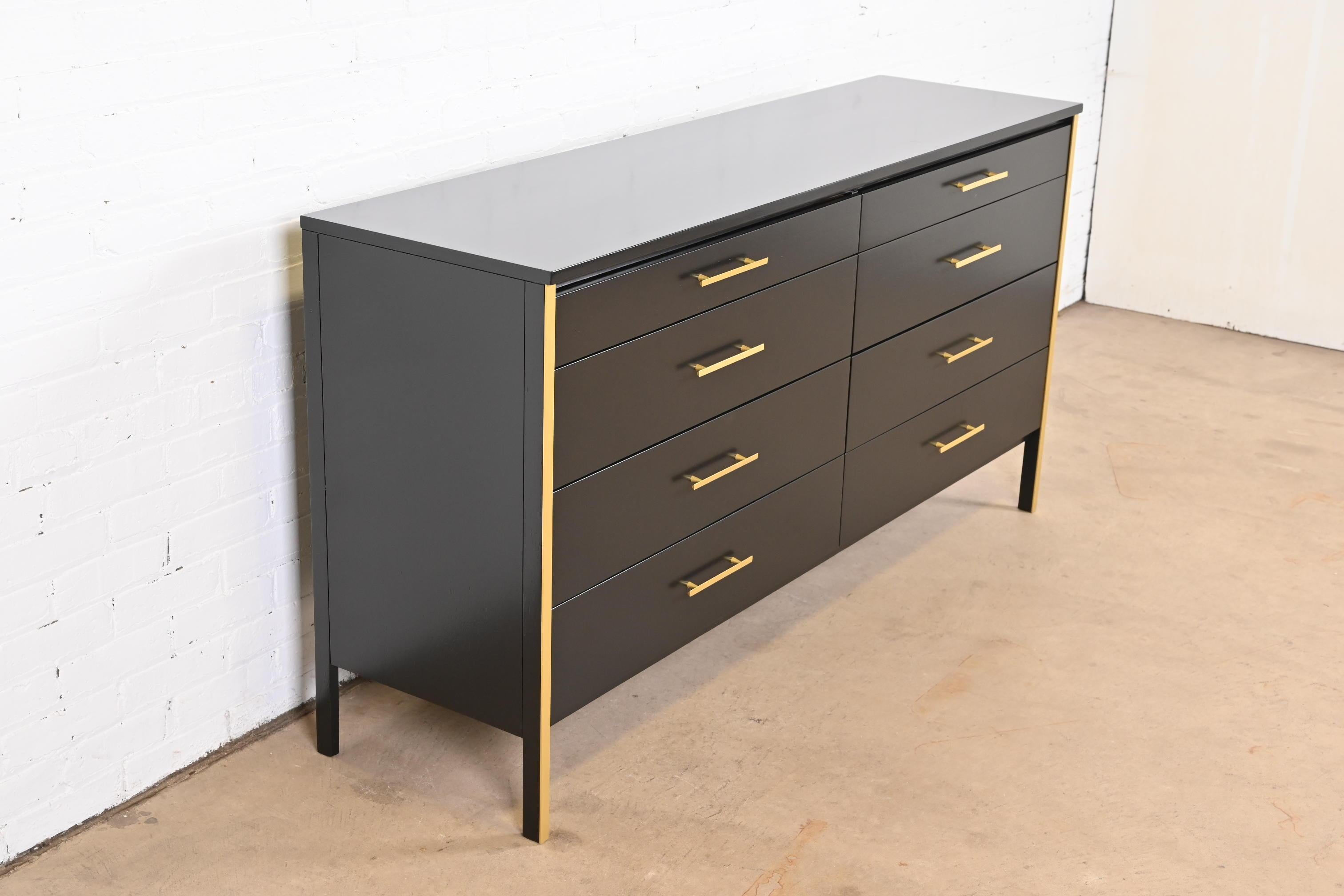 Paul McCobb Black Lacquer and Brass Dresser or Credenza, Newly Refinished In Good Condition For Sale In South Bend, IN
