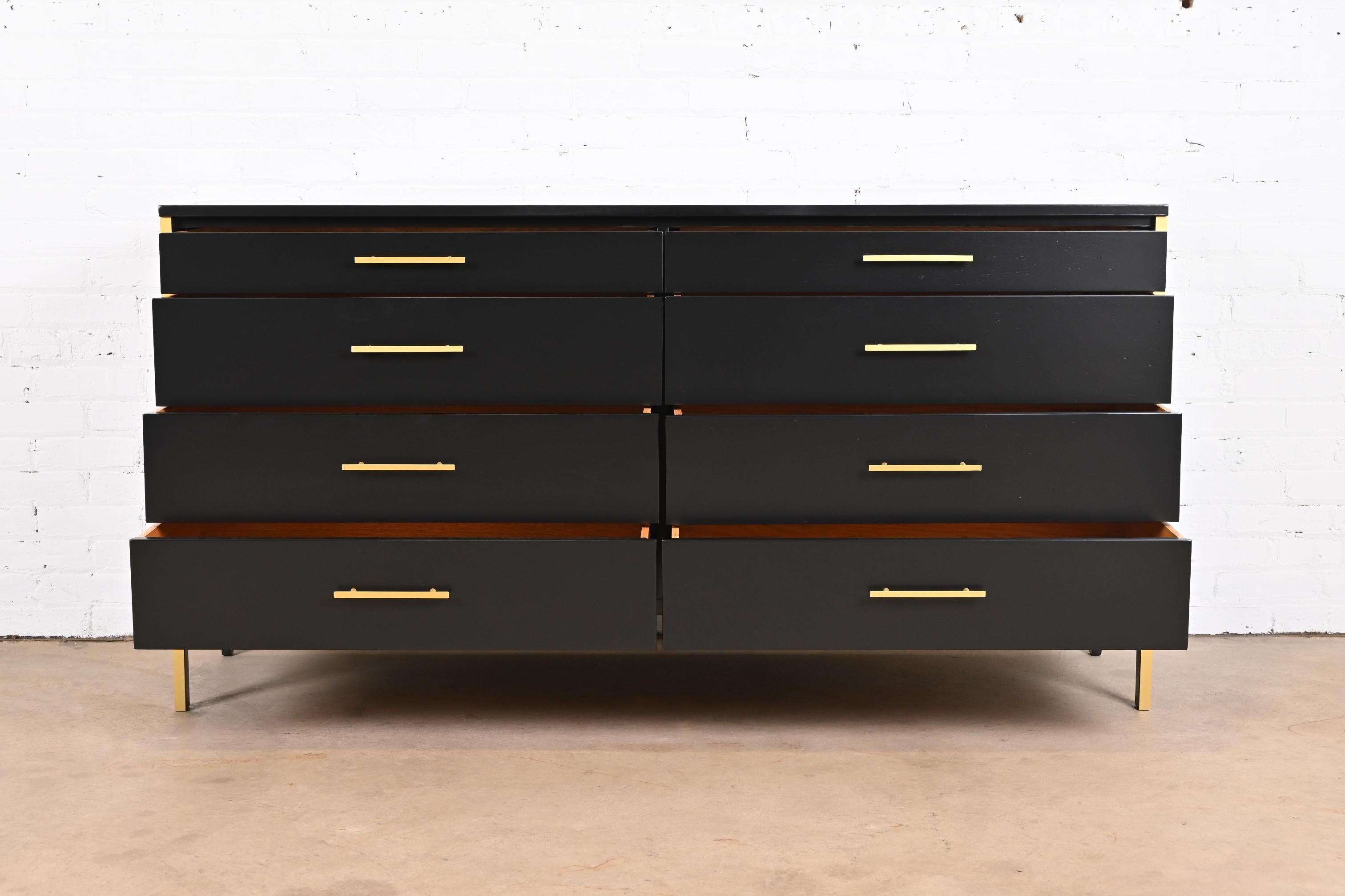 Walnut Paul McCobb Black Lacquer and Brass Dresser or Credenza, Newly Refinished For Sale