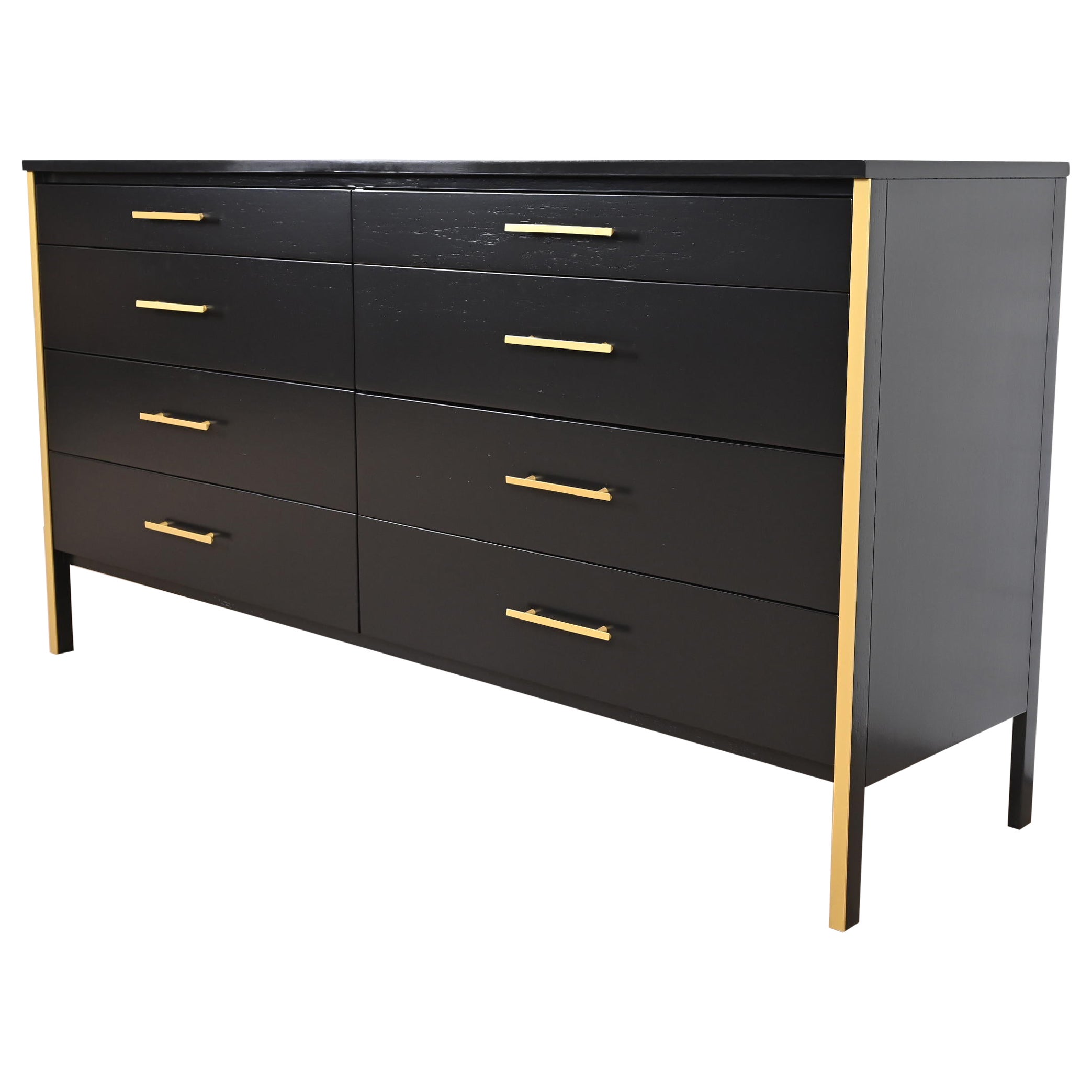 Commode ou crédence Paul McCobb en laque noire et laiton, nouvellement revernie
