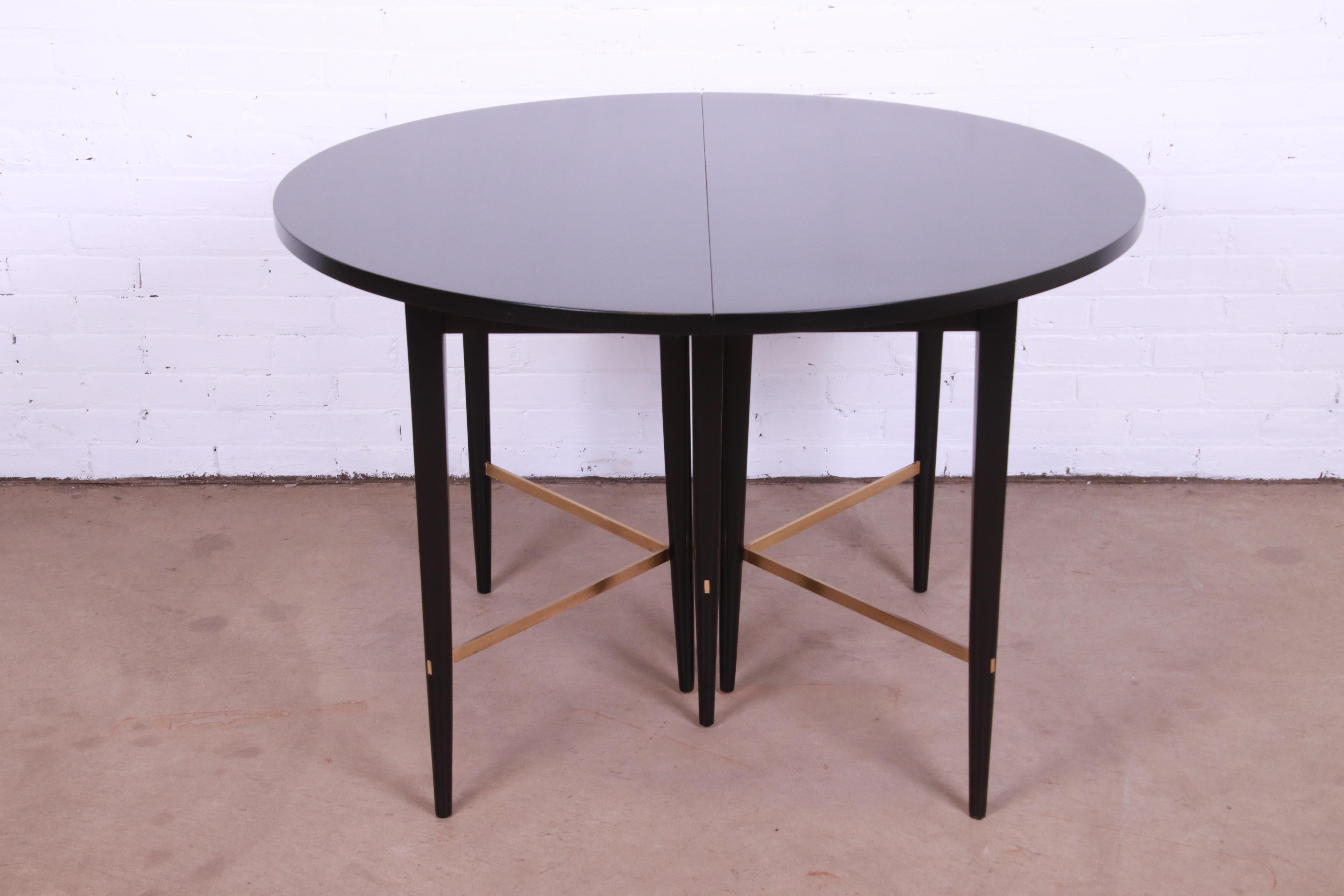 Brass Paul McCobb Black Lacquered Extension Dining Table with 10 Chairs, Refinished