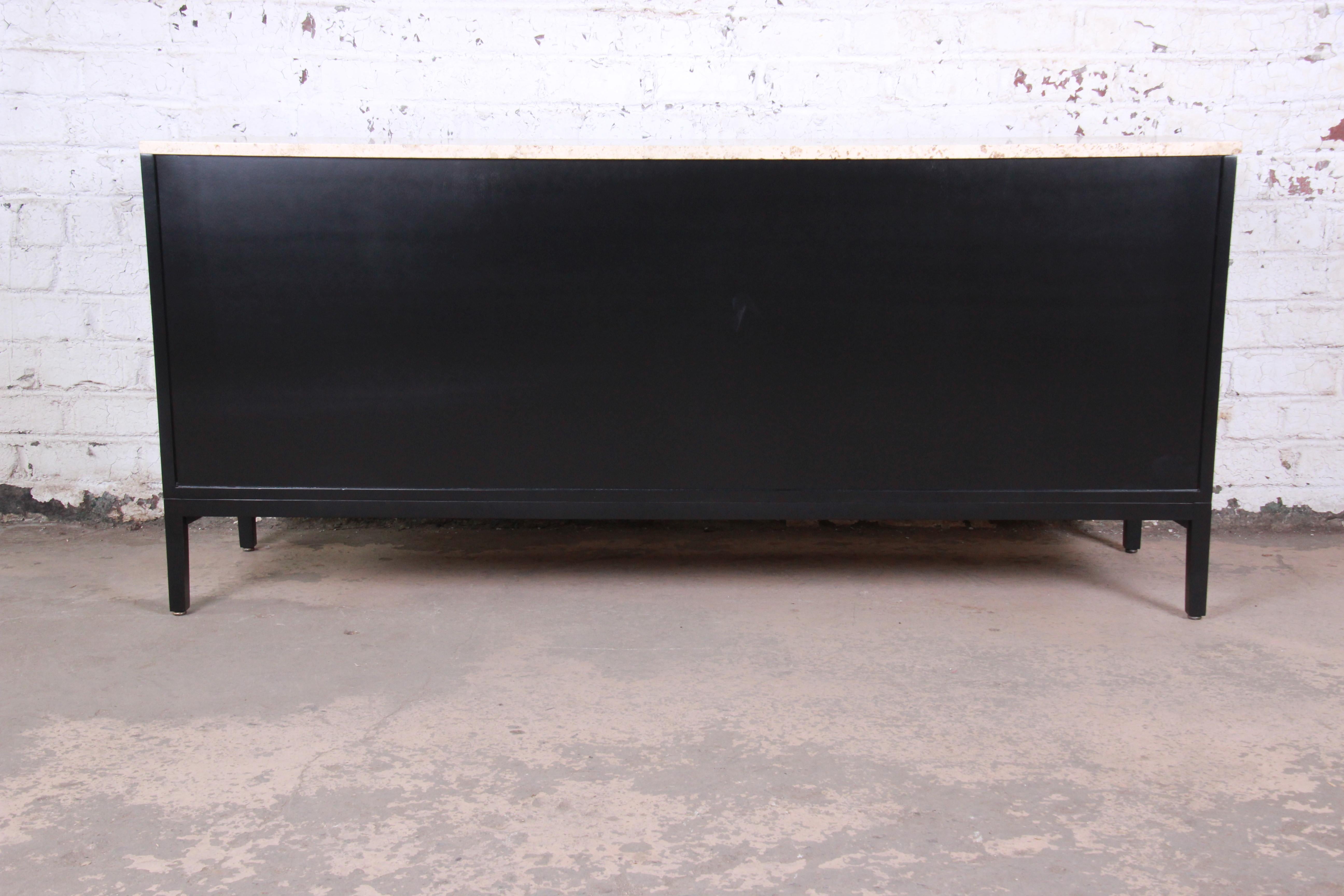 Paul McCobb Black Lacquered Travertine Top Dresser or Credenza, Newly Refinished 6