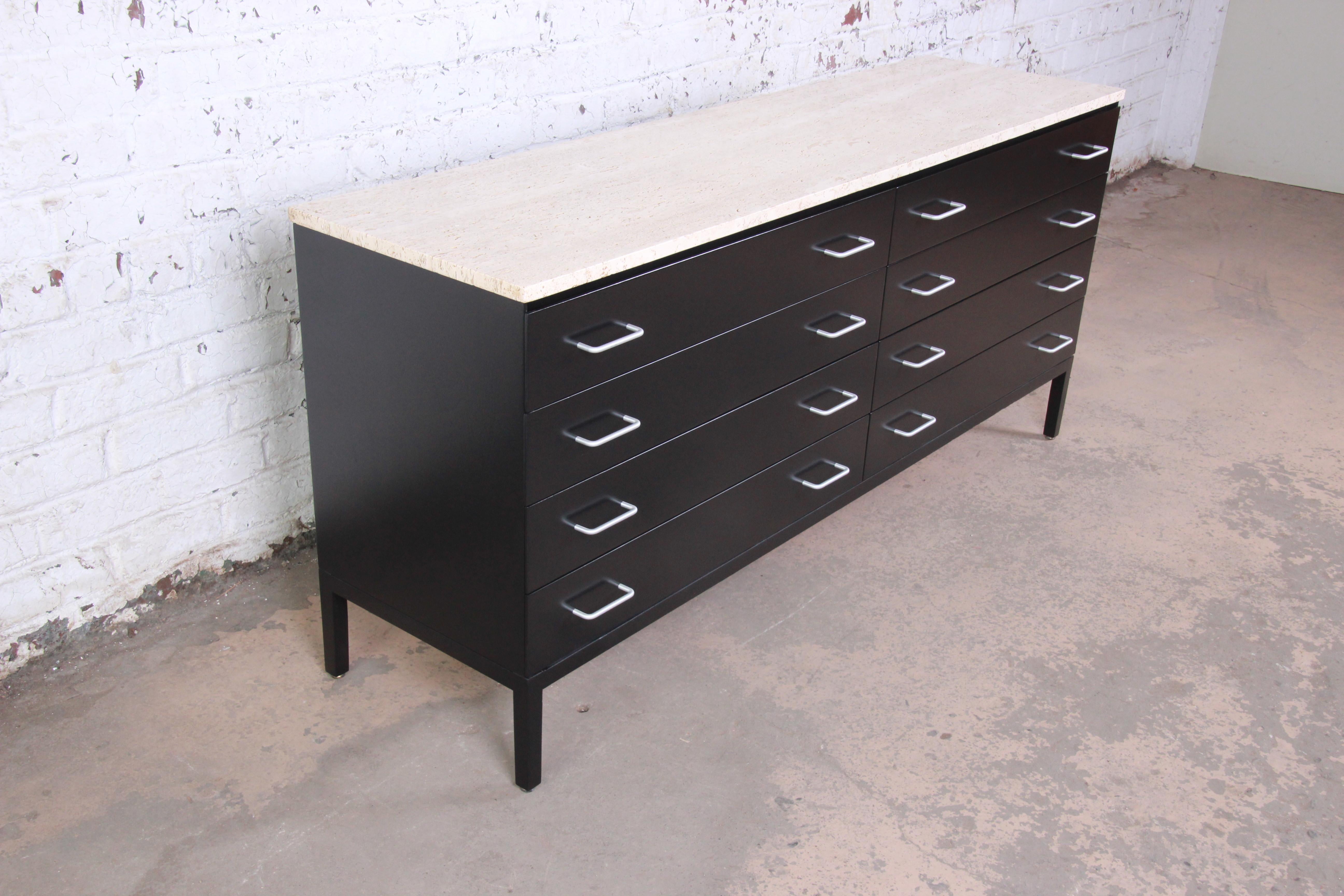 American Paul McCobb Black Lacquered Travertine Top Dresser or Credenza, Newly Refinished