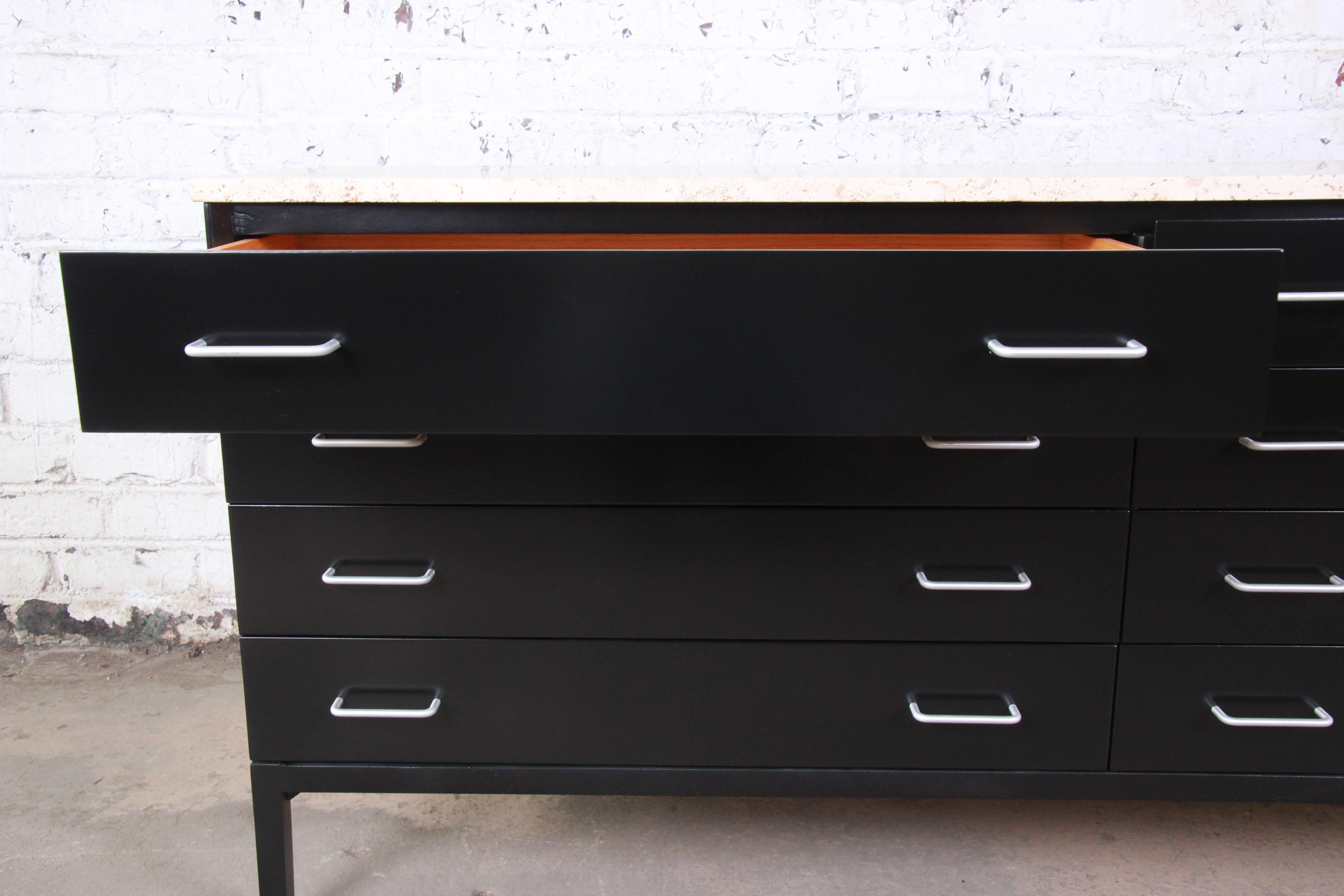 Aluminum Paul McCobb Black Lacquered Travertine Top Dresser or Credenza, Newly Refinished