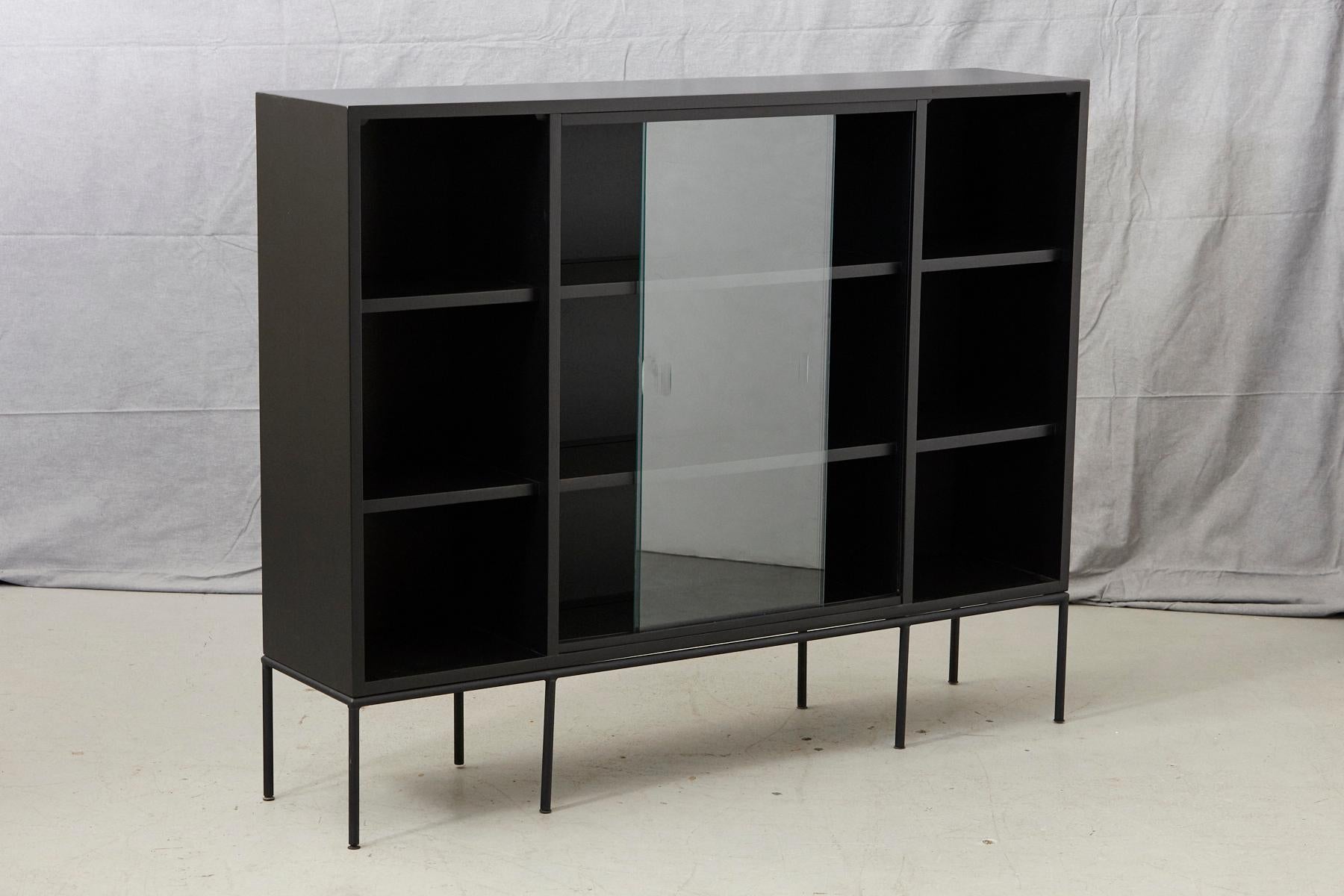 Mid-Century Modern Paul McCobb Bookcase in New Black Finish with Sliding Glass Doors on Iron Base