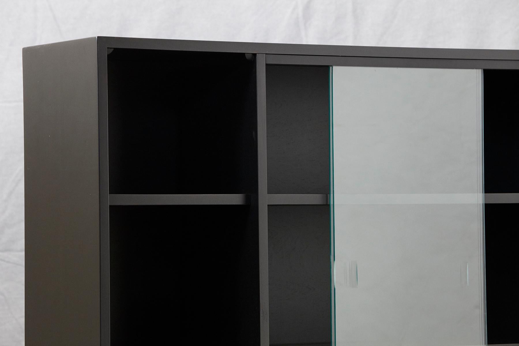 20th Century Paul McCobb Bookcase in New Black Finish with Sliding Glass Doors on Iron Base