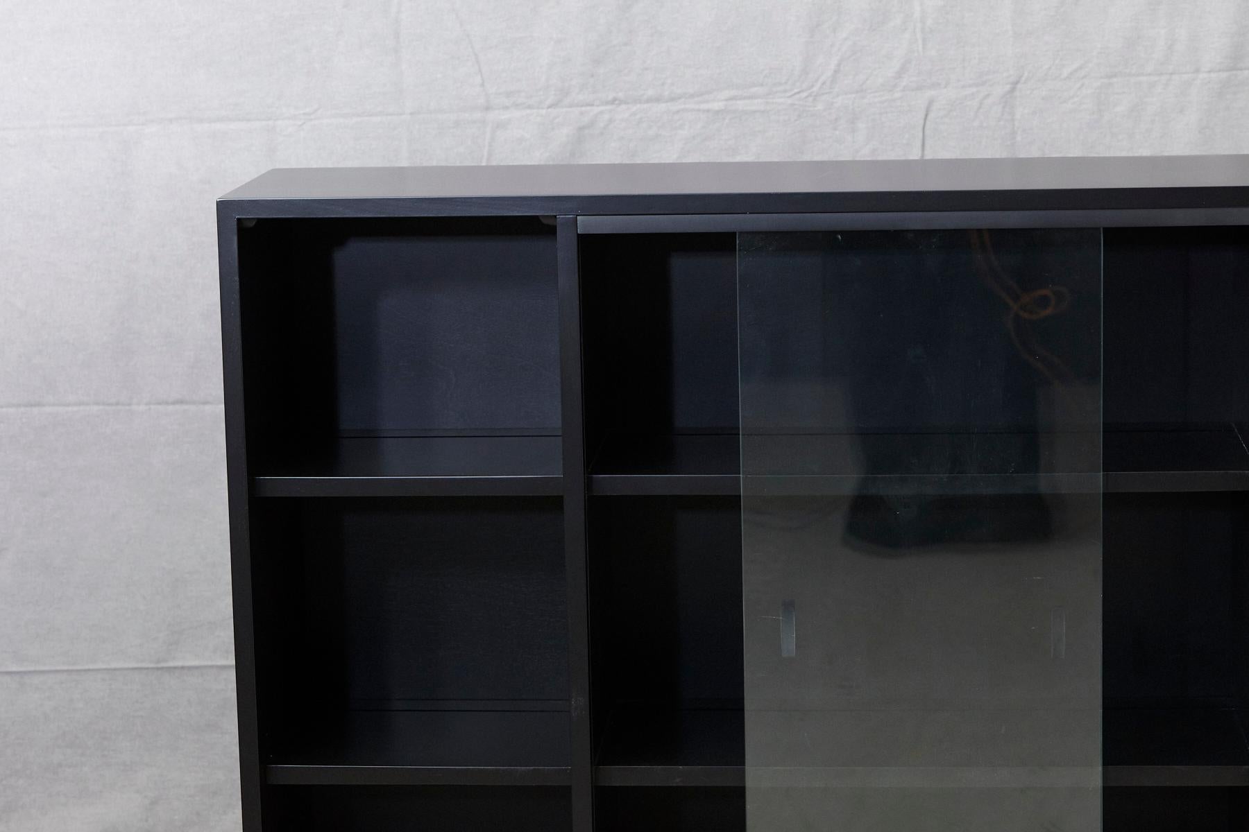 Paul McCobb Bookcase in New Black Finish with Sliding Glass Doors on Iron Base 1