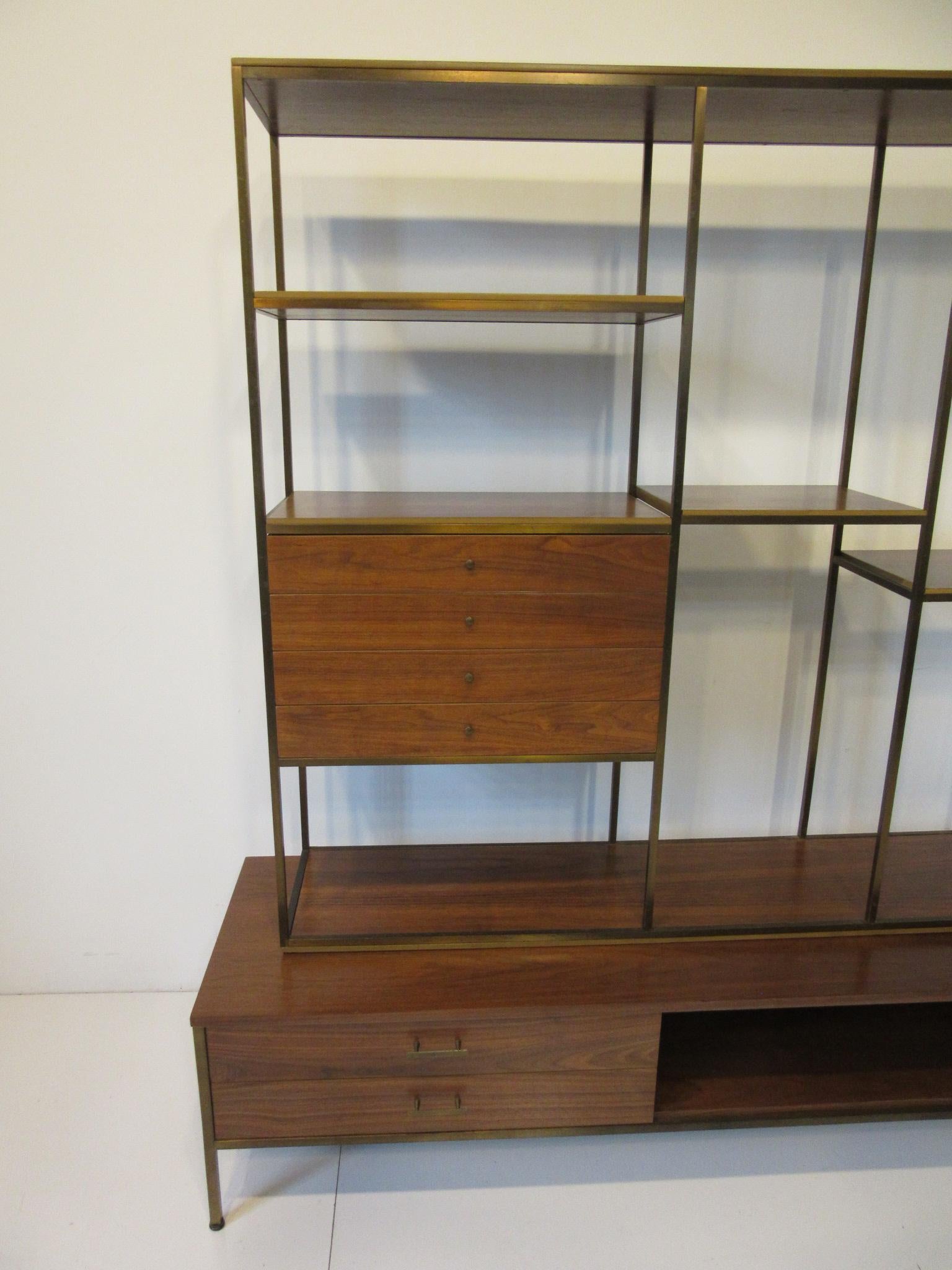 Mid-Century Modern Paul McCobb Bookcase / Room Divider in Brass and Walnut for Calvin