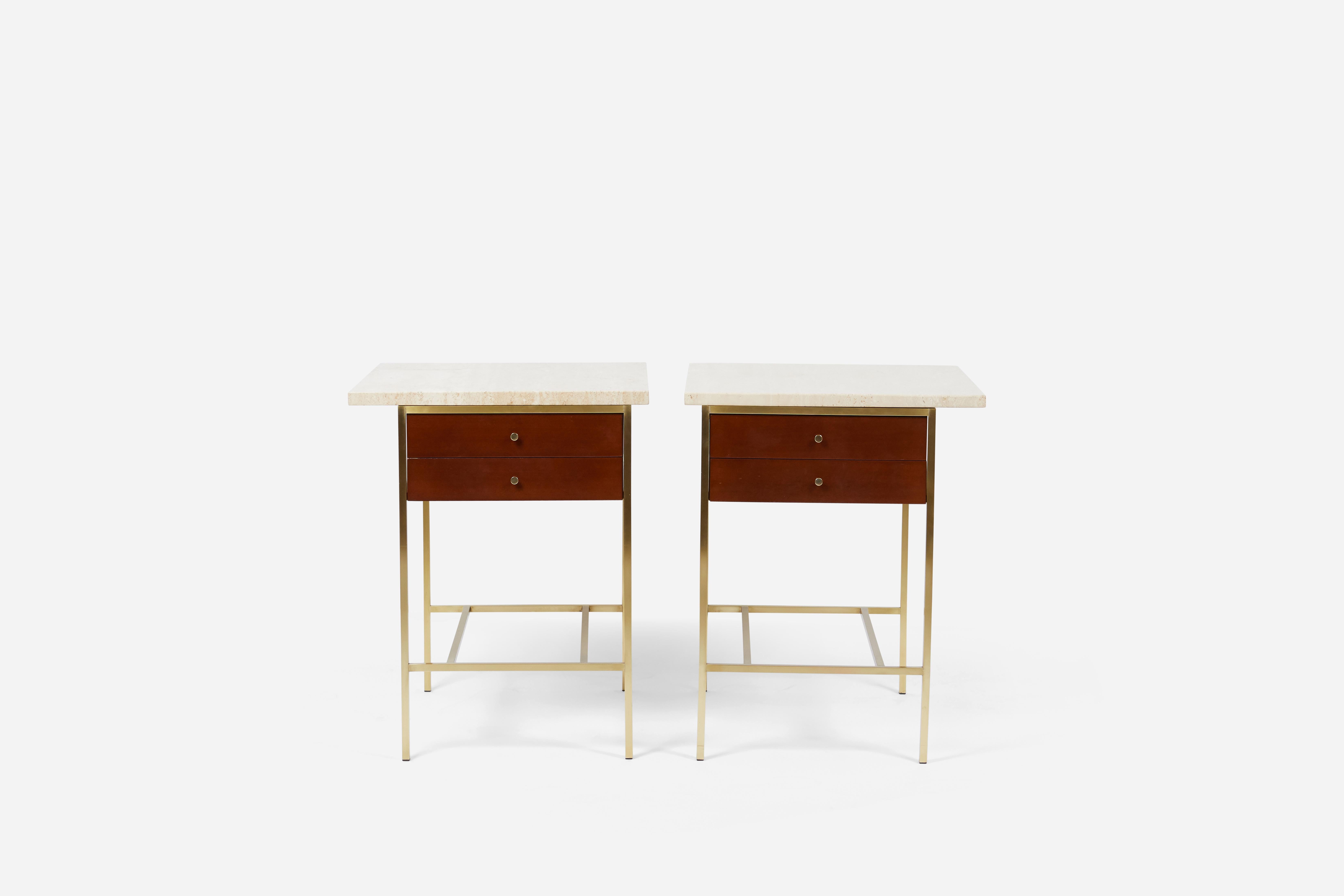Pair of brass frame nightstands or side end tables with mahogany cases and travertine tops. Designed by Paul McCobb for Calvin Furniture. Fully restored/refinished.