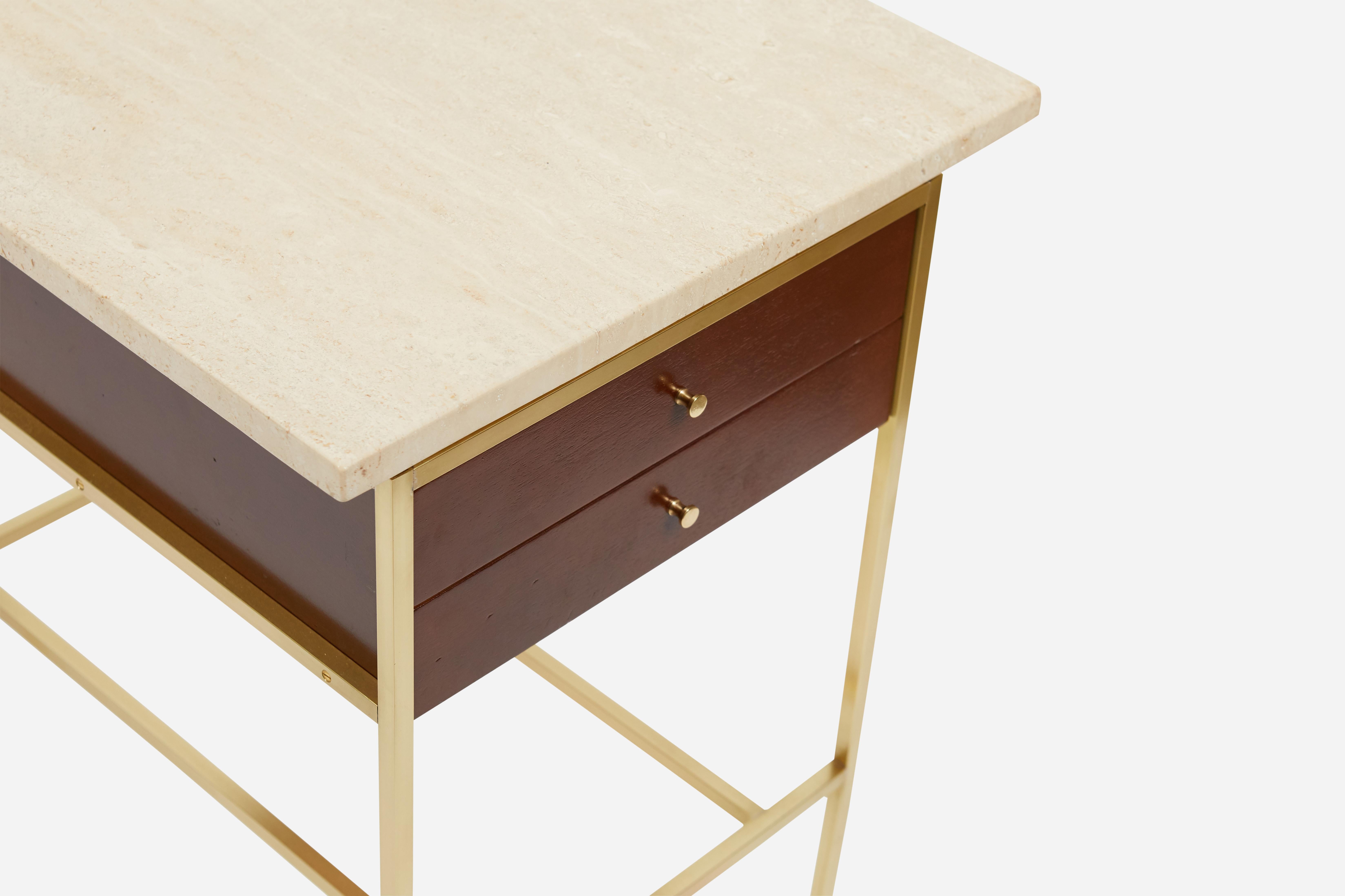 Mid-Century Modern Paul McCobb Brass Base Nightstands with Travertine Tops