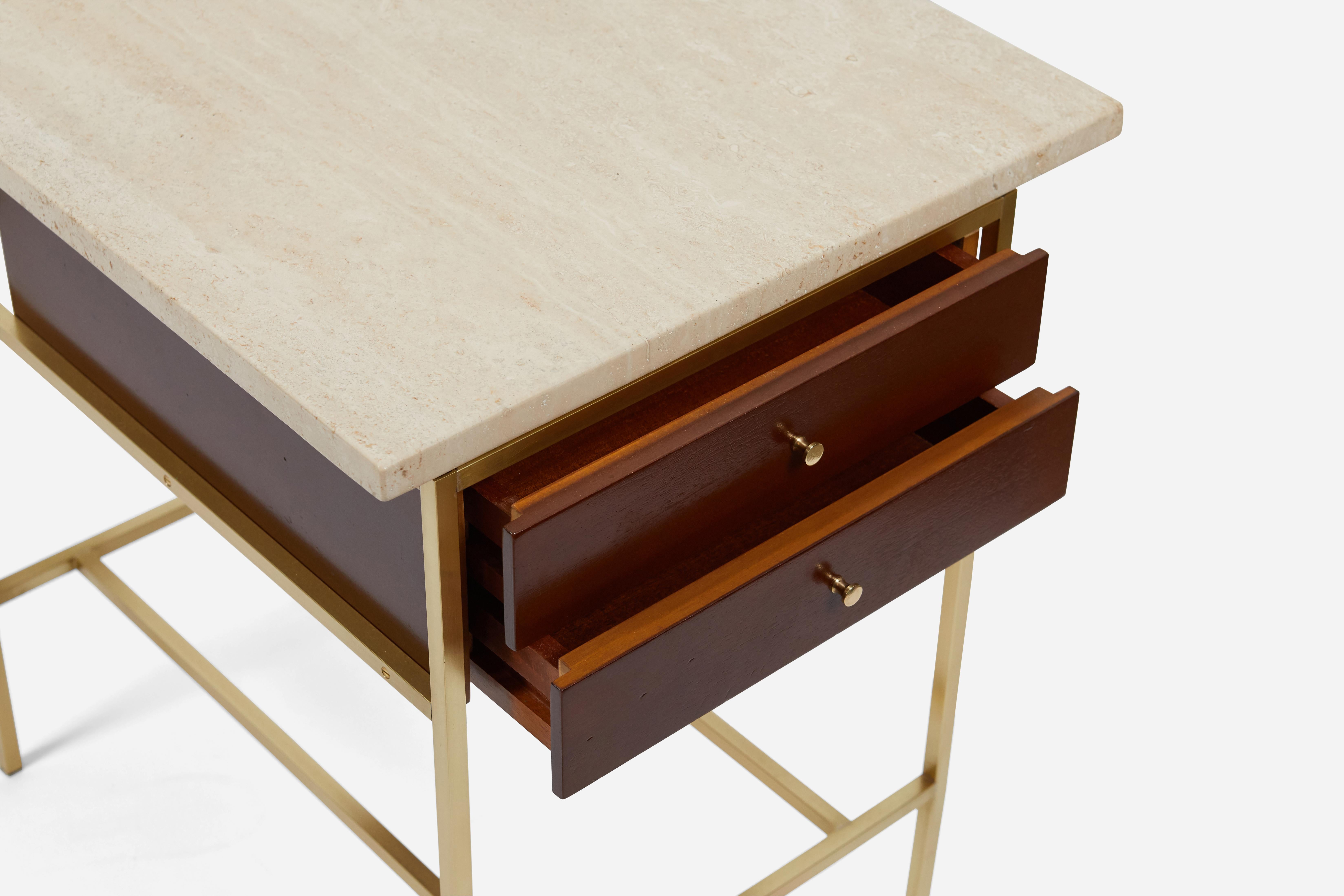 American Paul McCobb Brass Base Nightstands with Travertine Tops