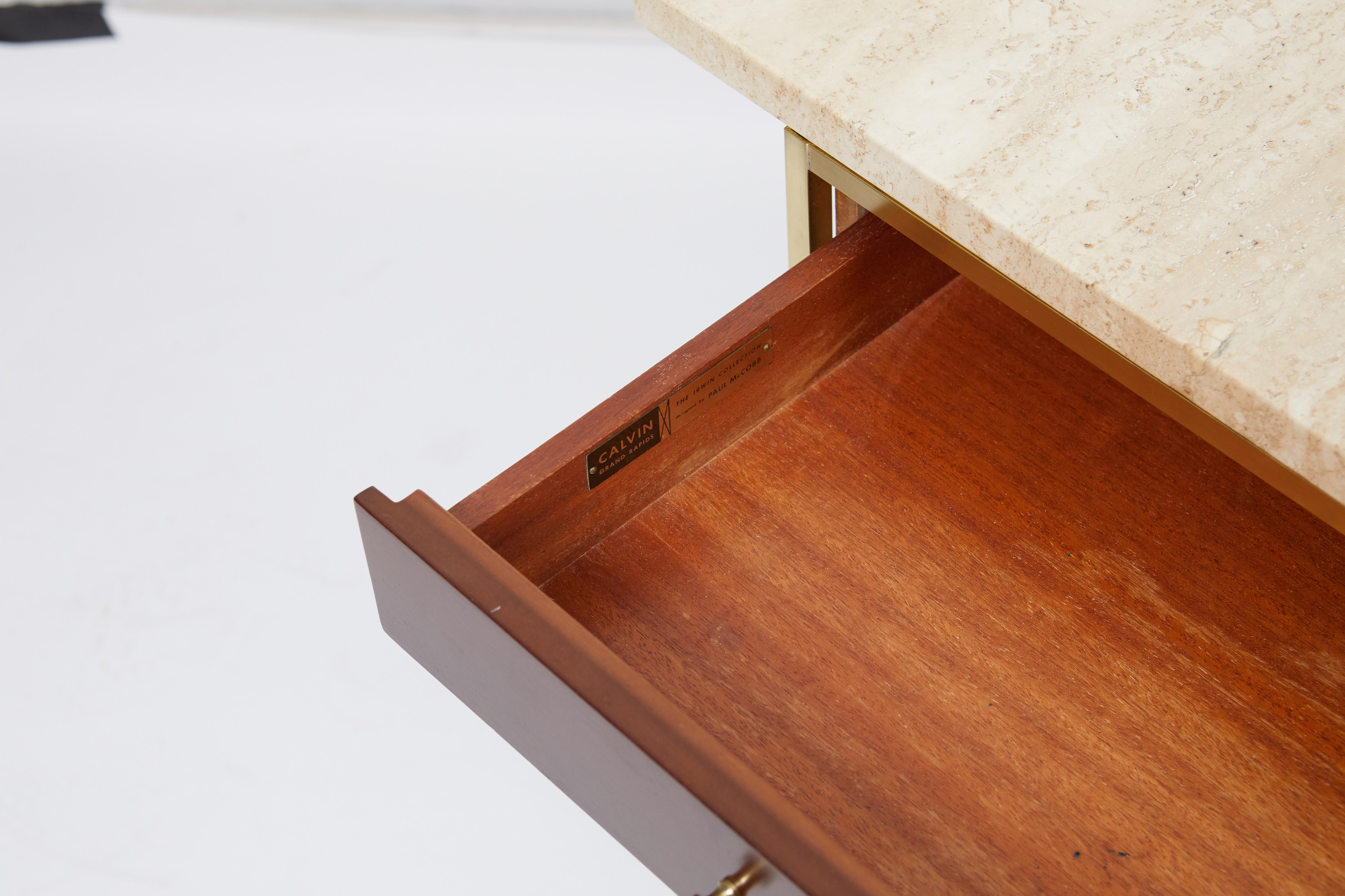 Paul McCobb Brass Base Nightstands with Travertine Tops In Excellent Condition In Chicago, IL