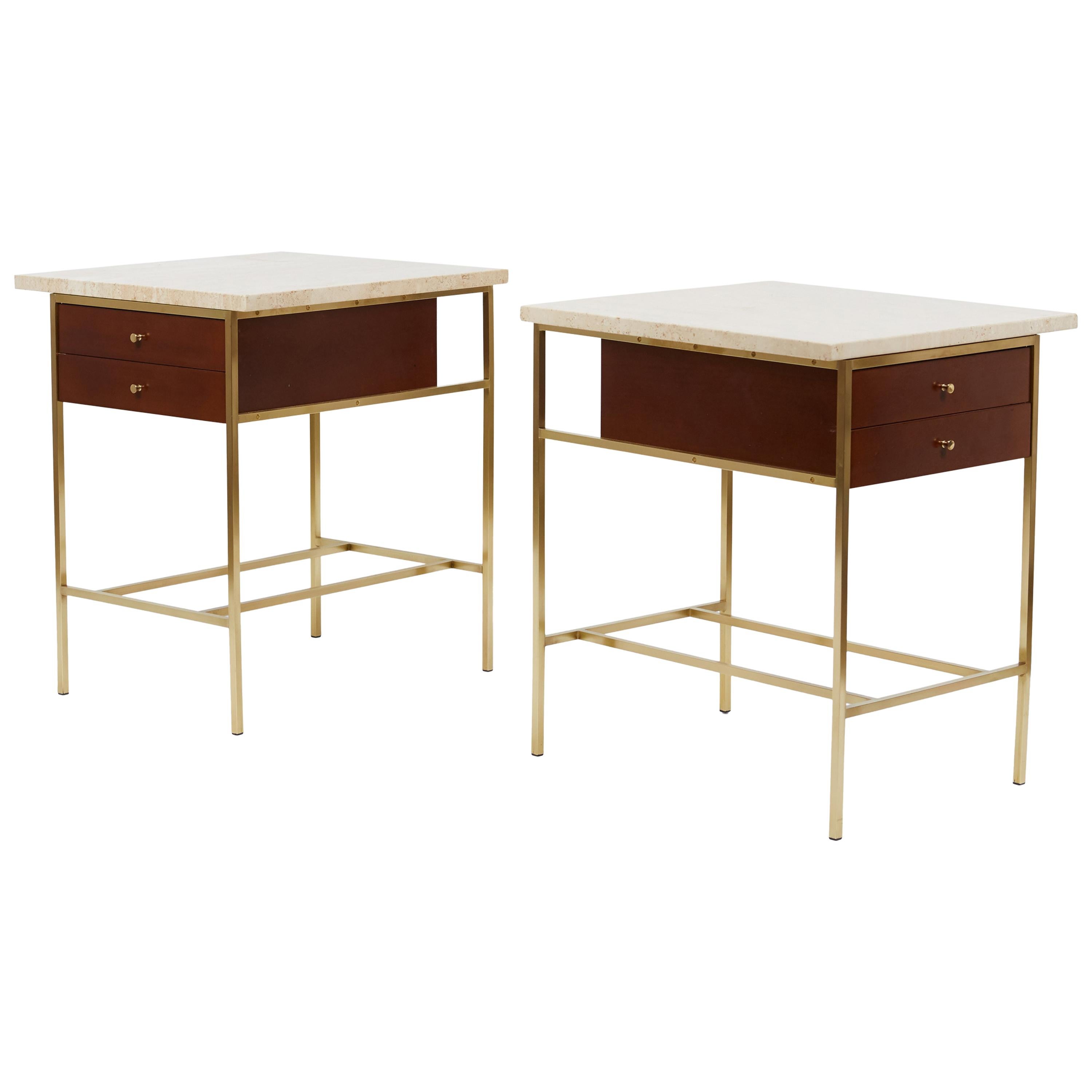 Paul McCobb Brass Base Nightstands with Travertine Tops