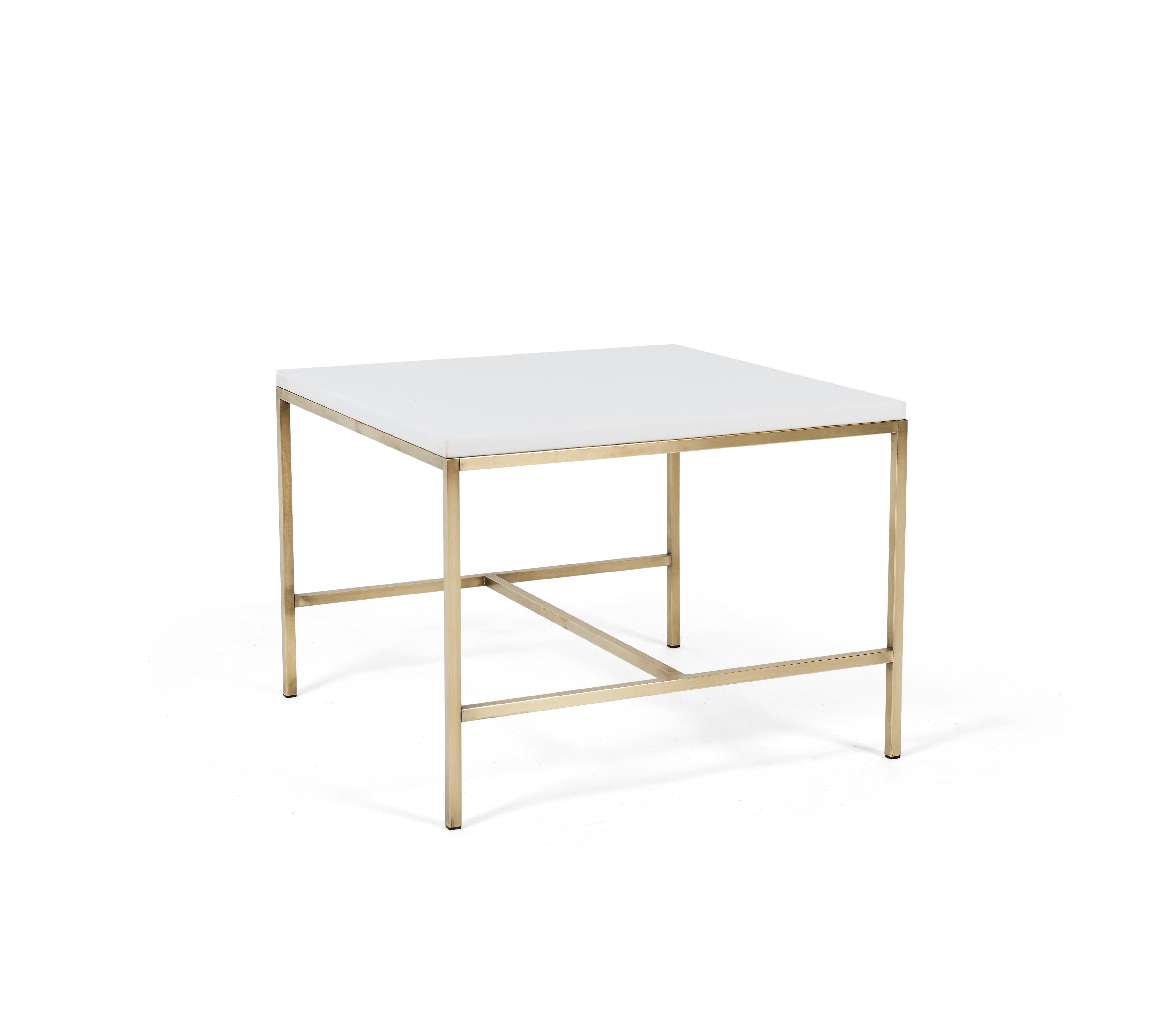 Paul McCobb brass frame side table with white vitrolite glass top.