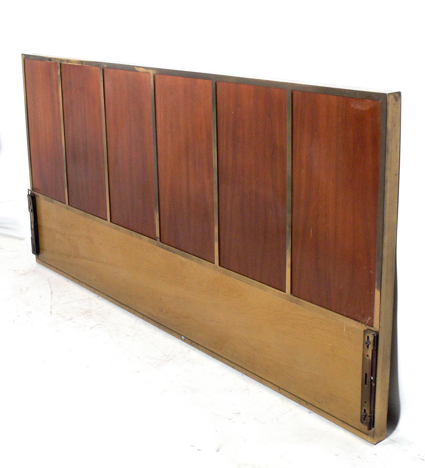 Clean Lined Brass Framed King Size Headboard or Bed, designed by Paul McCobb for Calvin, American, circa 1950s. This piece is currently being refinished and can be completed in your choice of color. The price noted includes refinishing. Brass