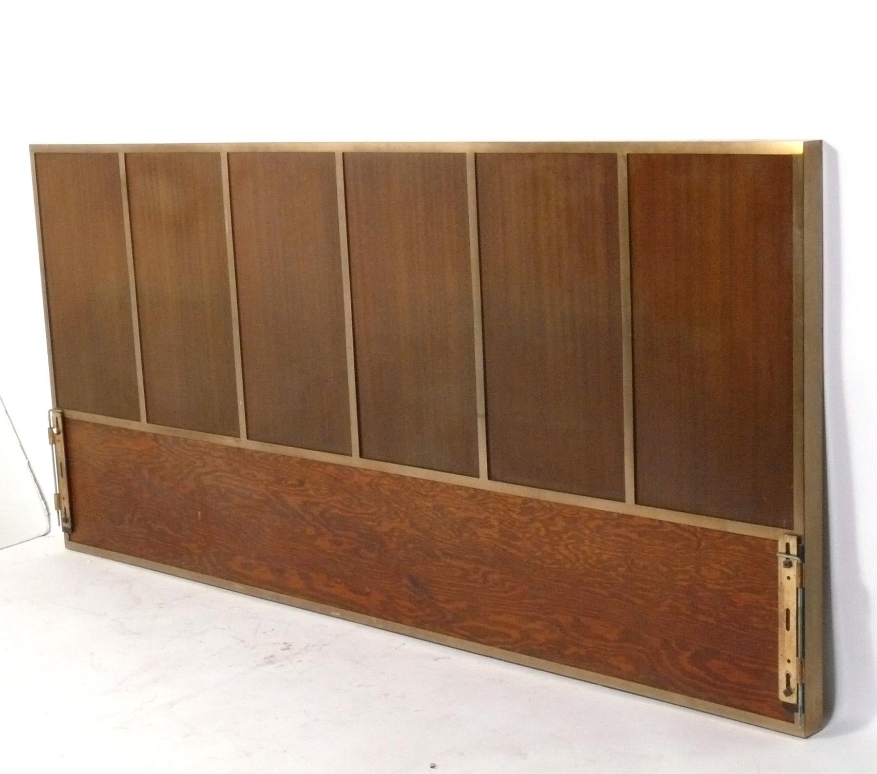 Clean Lined Brass Framed King Size Headboard or Bed, designed by Paul McCobb for Calvin, American, circa 1950s. This piece is currently being refinished and can be completed in your choice of color. The price noted includes refinishing. Brass