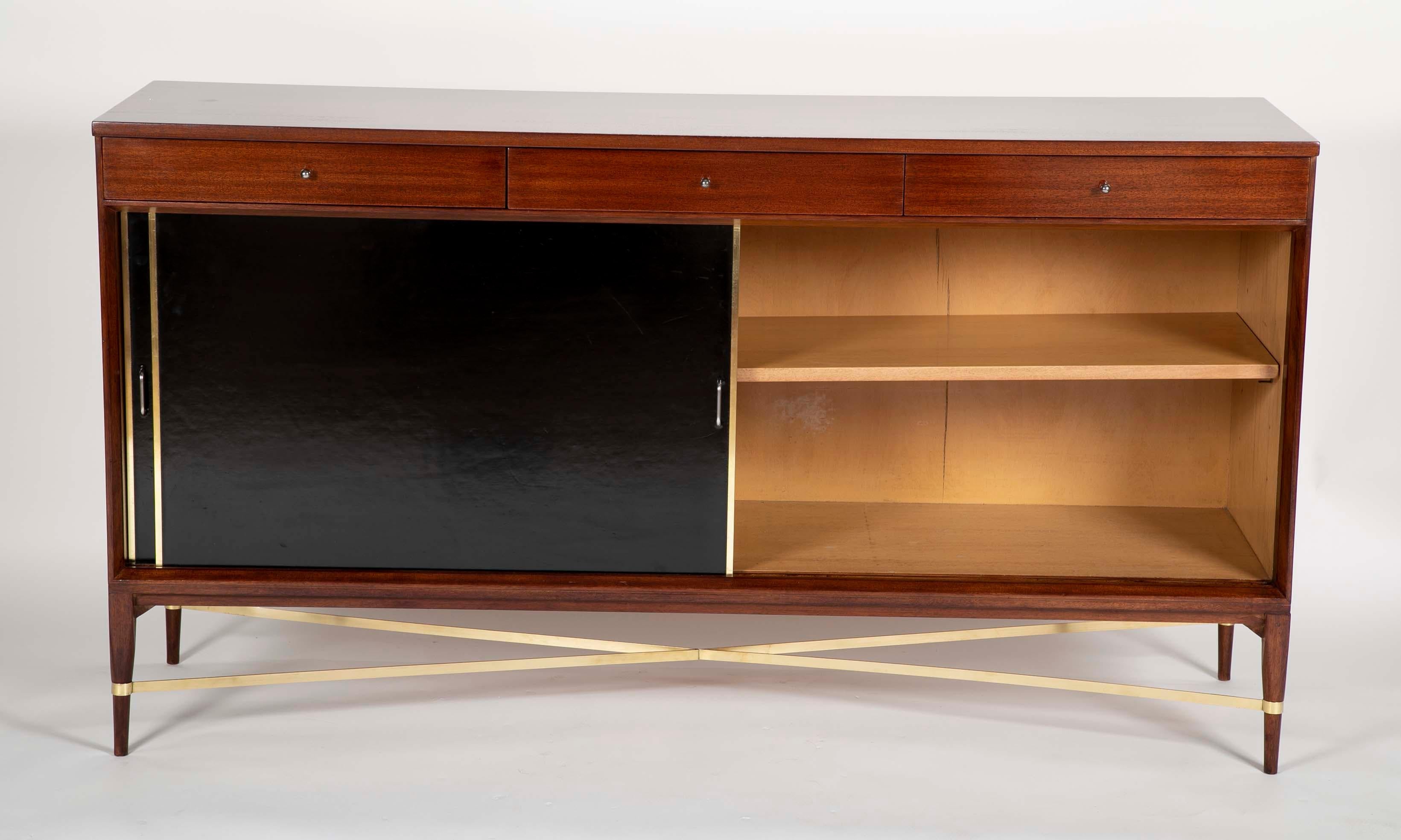 Mid-Century Modern Paul McCobb Brass, Mahogany and Leather Credenza 