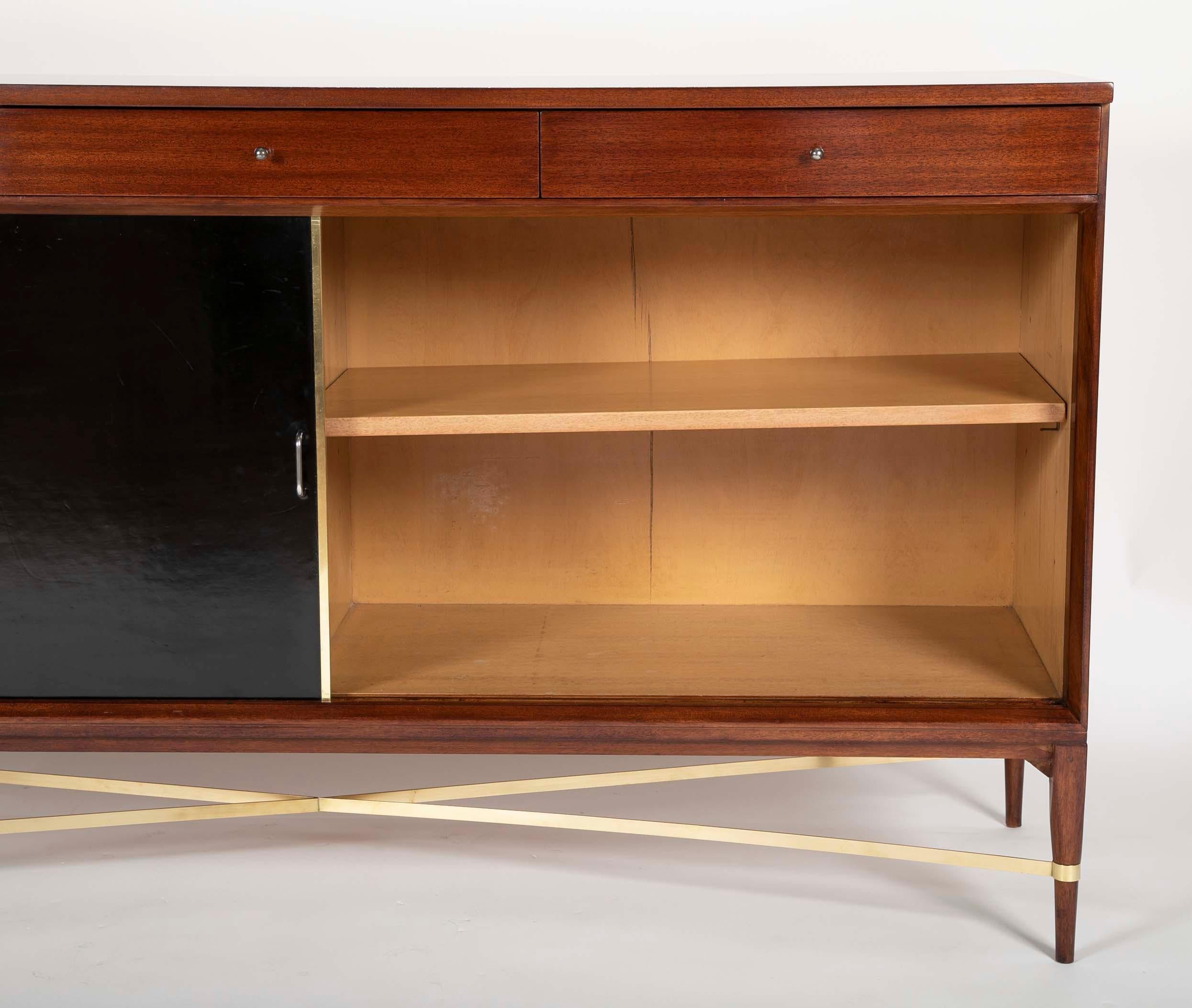 American Paul McCobb Brass, Mahogany and Leather Credenza 