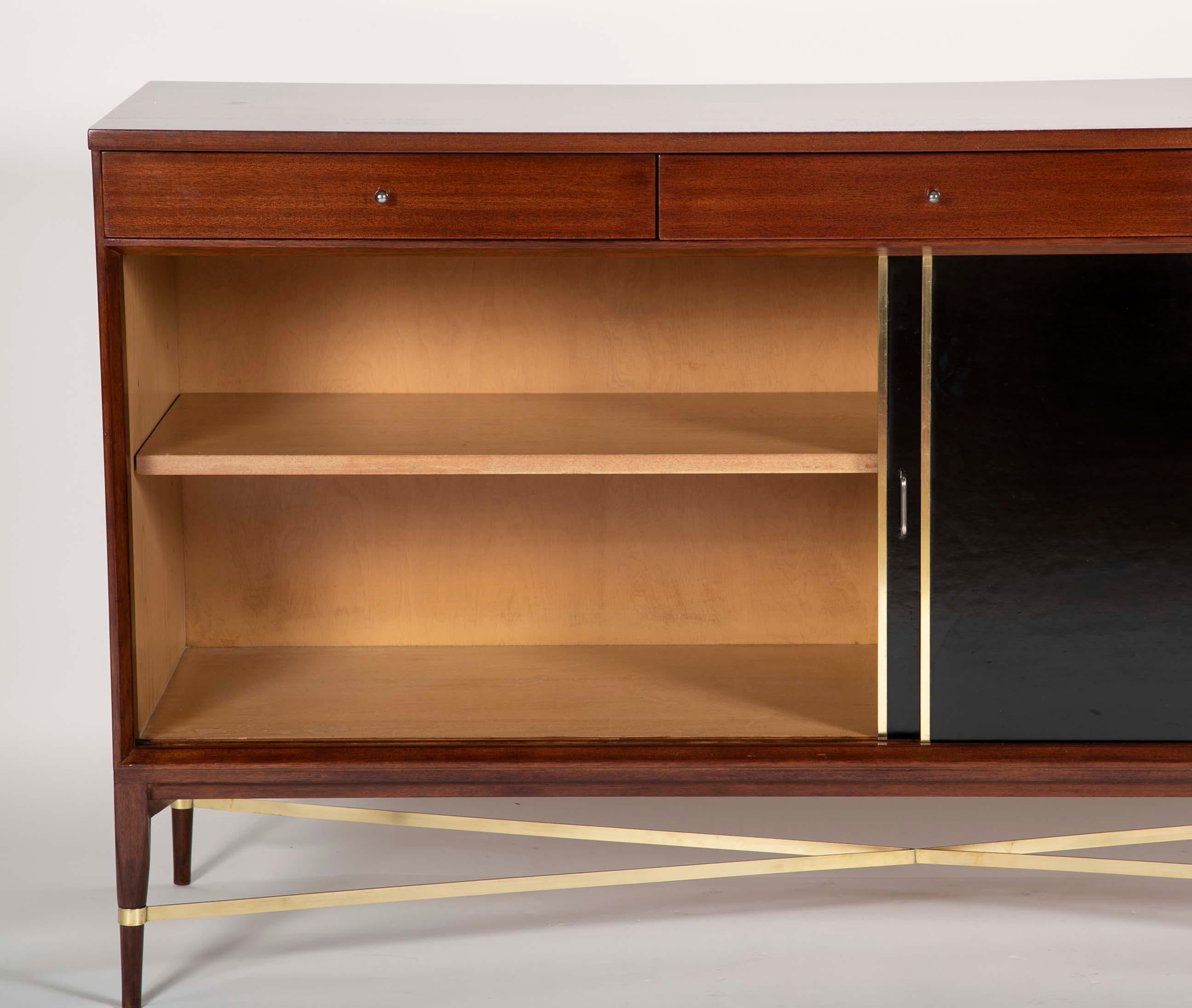 Mid-20th Century Paul McCobb Brass, Mahogany and Leather Credenza 