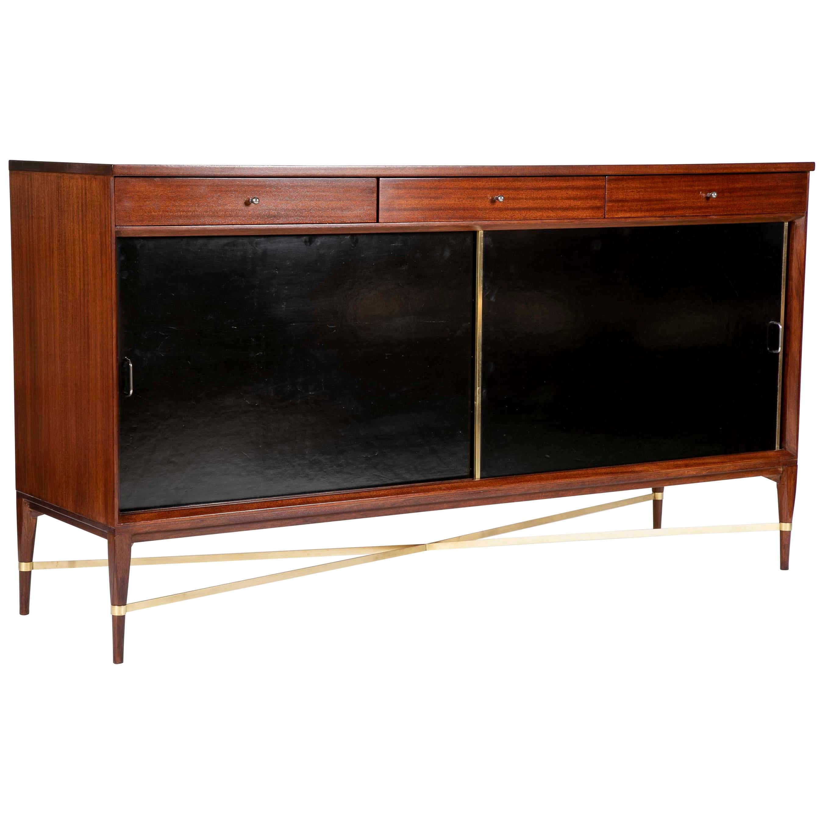 Paul McCobb Brass, Mahogany and Leather Credenza 
