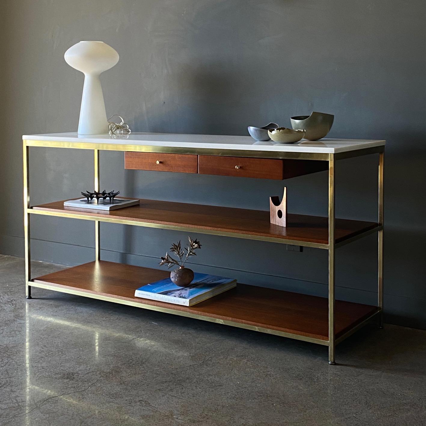 Mid-Century Modern Paul McCobb Brass, Mahogany and Vitrolite Glass Console Table, circa 1955