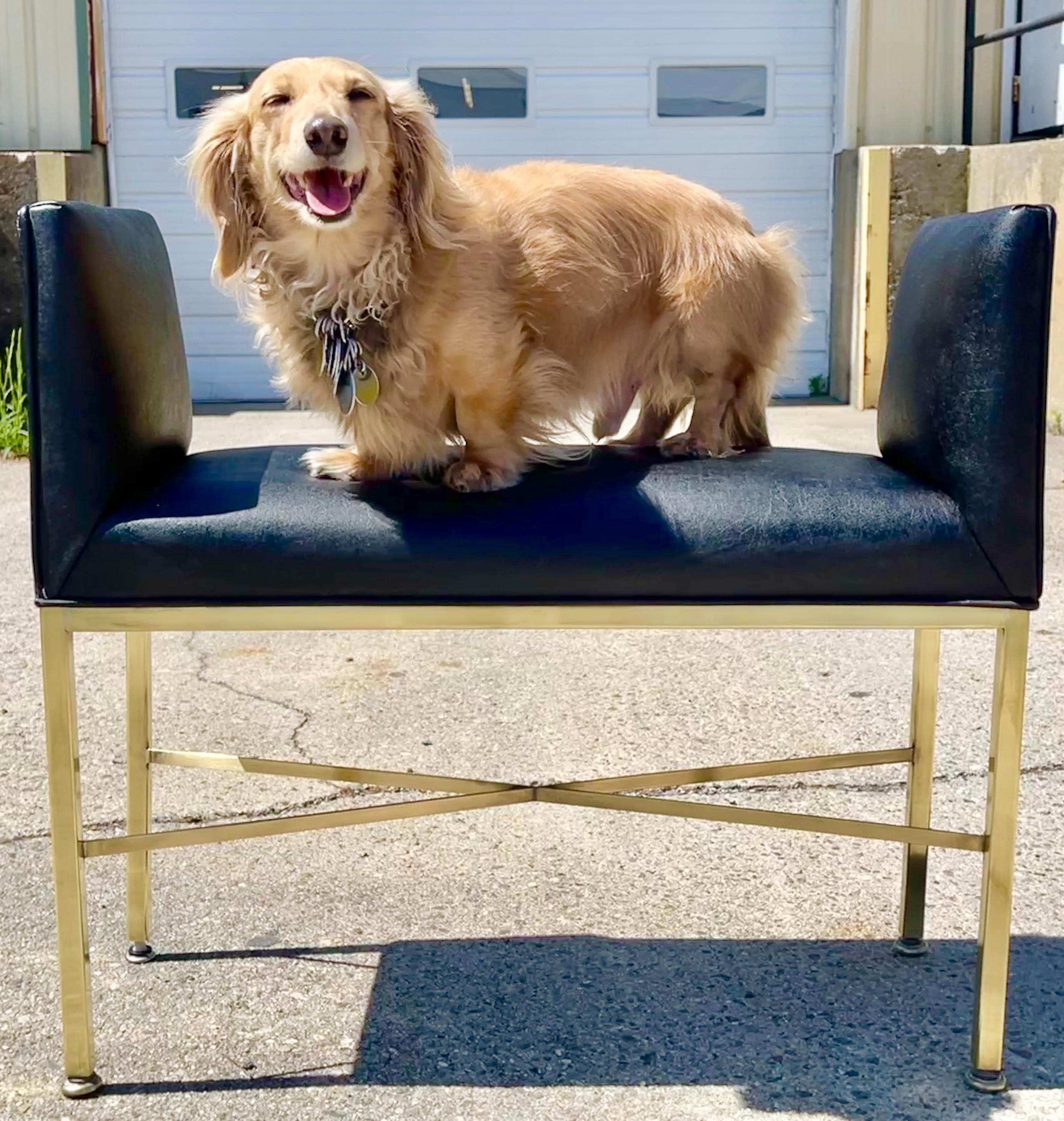 American Paul McCobb Brass X-Form Leather Bench For Sale