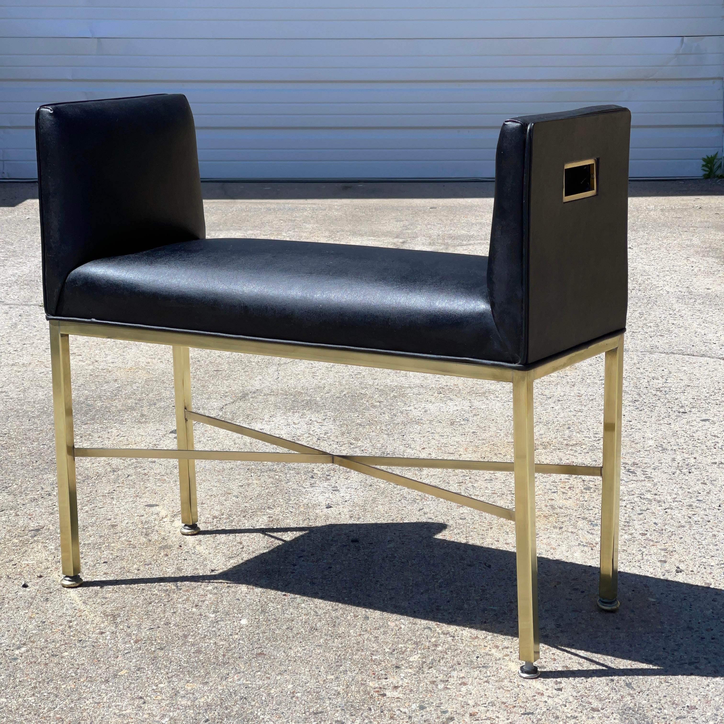 Paul McCobb Brass X-Form Leather Bench For Sale 1
