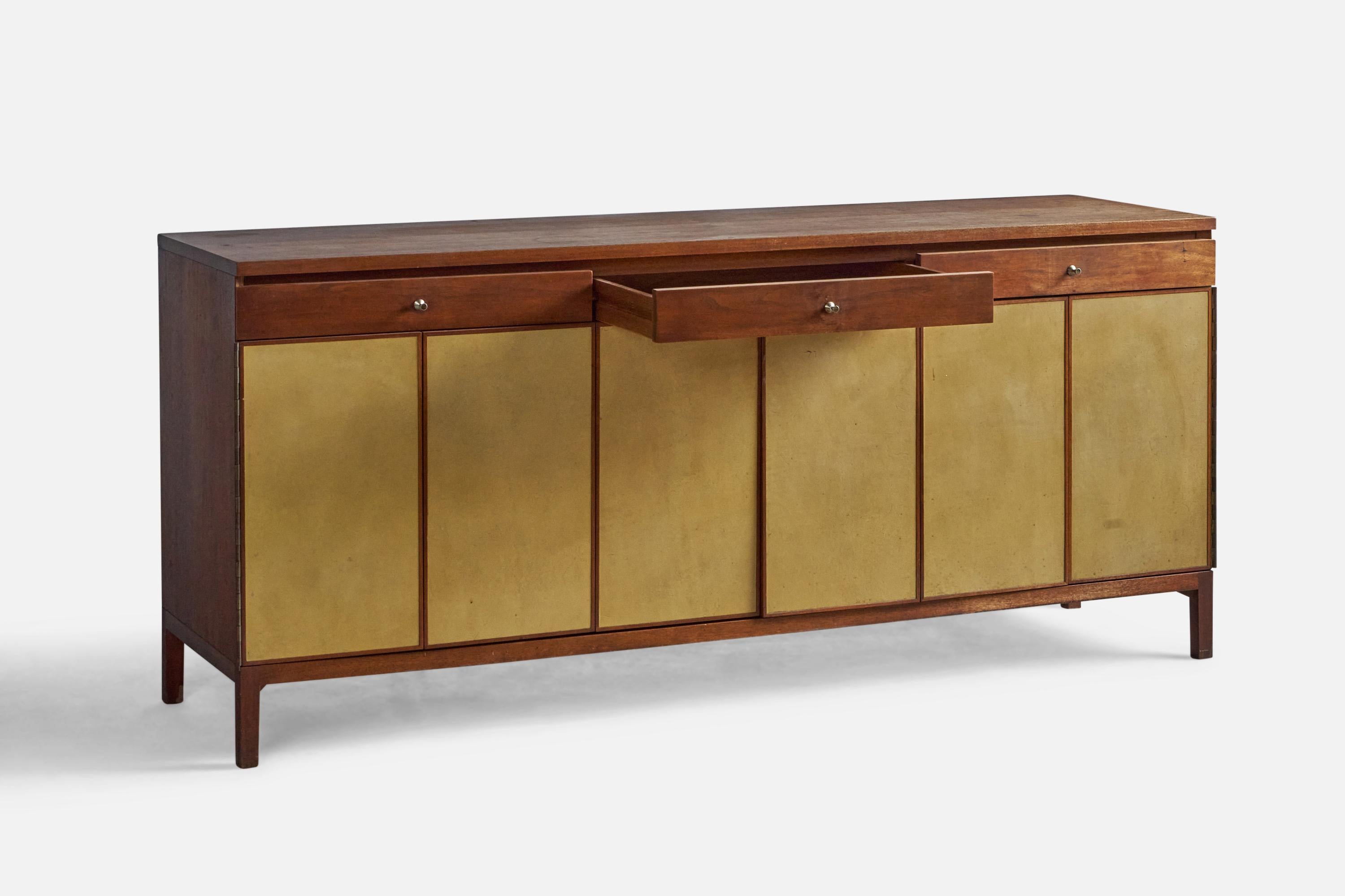 American Paul Mccobb, Cabinet, Walnut, Leather, Metal, USA, 1950s For Sale