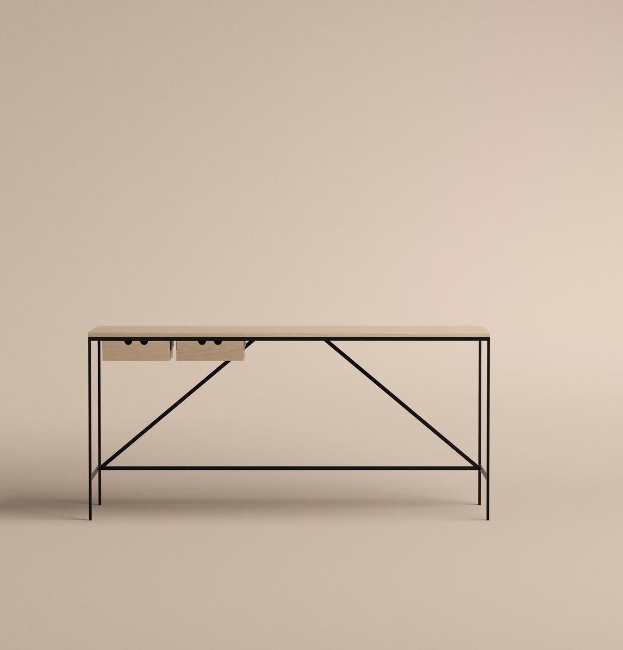 Console with two drawers designed by Paul McCobb in 1952. The foundation of the Cache series, part of Paul McCobb’s extensive Planner series, is a beautifully simplistic and easy table with slim and straight steel legs, stripped from any details or