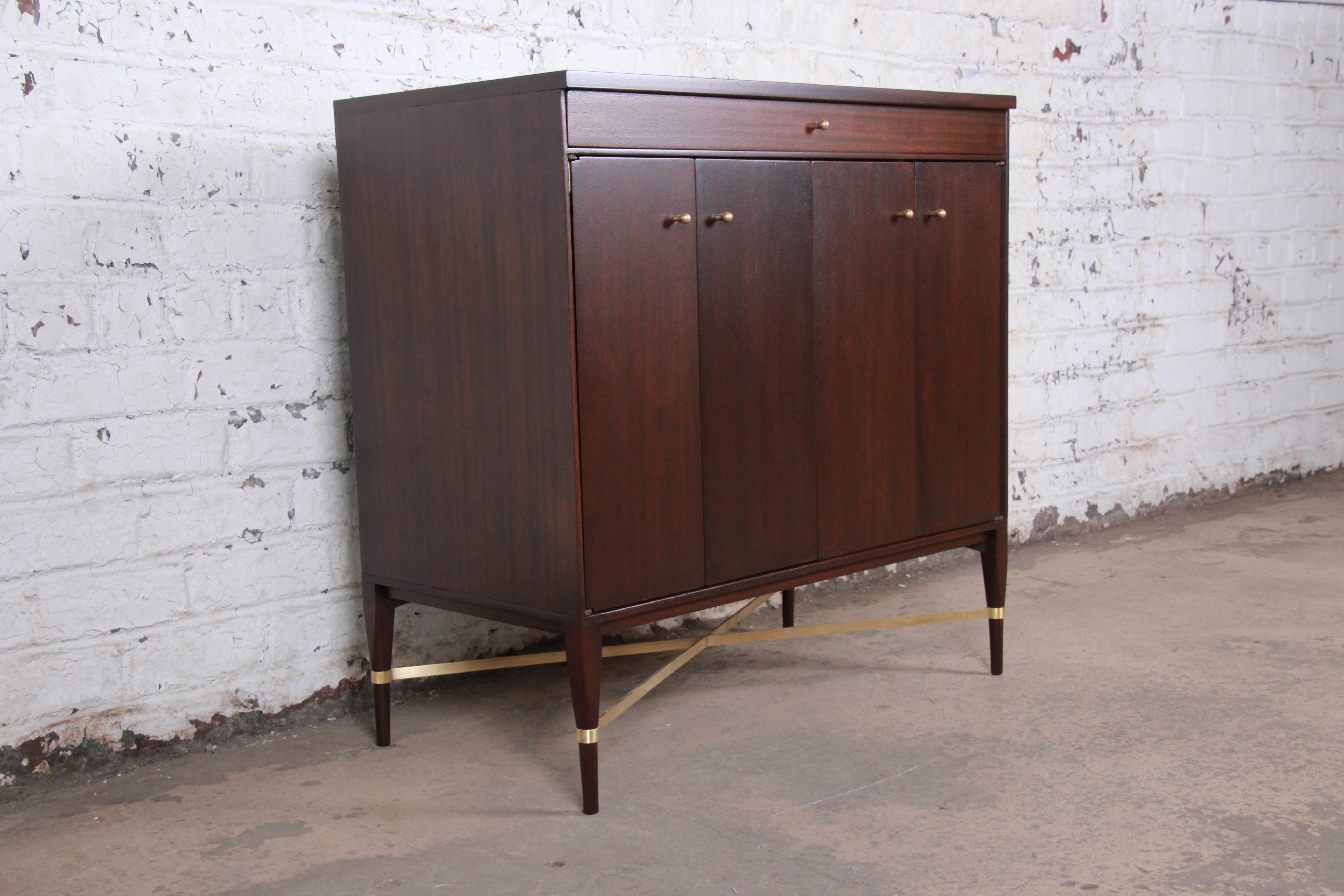 Mid-Century Modern Paul McCobb Calvin Group Mahogany and Brass Sideboard or Bar Cabinet, Restored