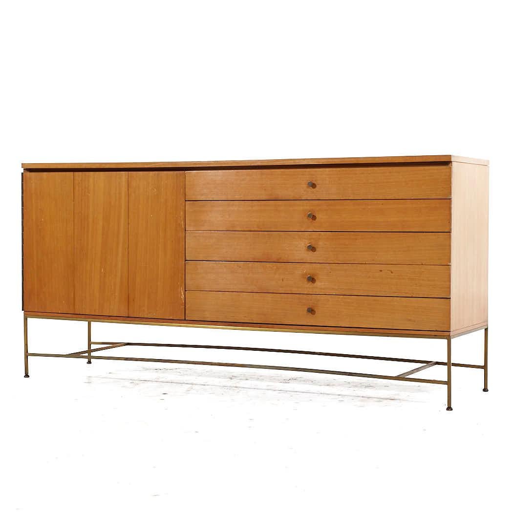 Paul McCobb Calvin Irwin Collection MCM Bleach Mahogany Brass Credenza and Hutch In Good Condition For Sale In Countryside, IL