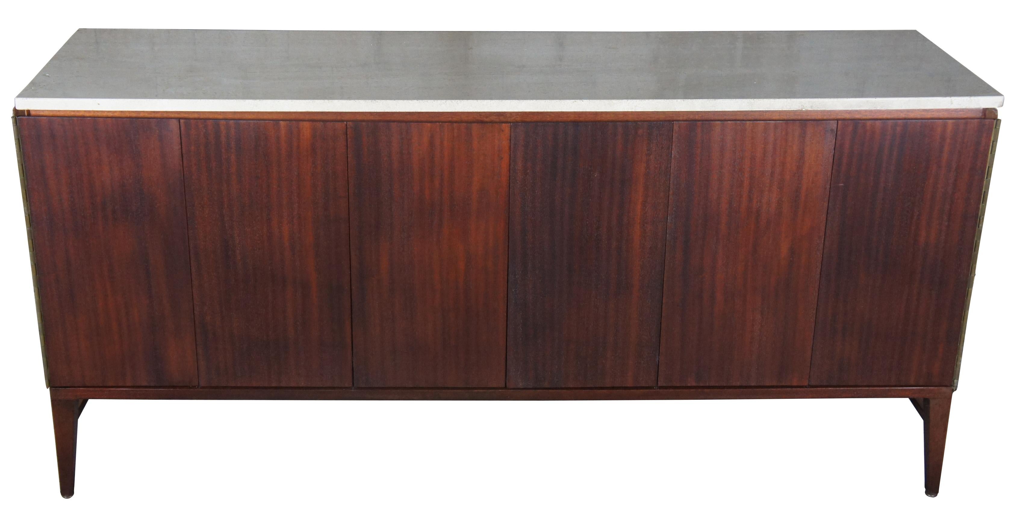 Paul McCobb Calvin Irwin directional sideboard rosewood Mid-Century Modern MCM

Rosewood buffet / sideboard / credenza with abelone top; opens to four drawers and two shelves, circa 1960s.