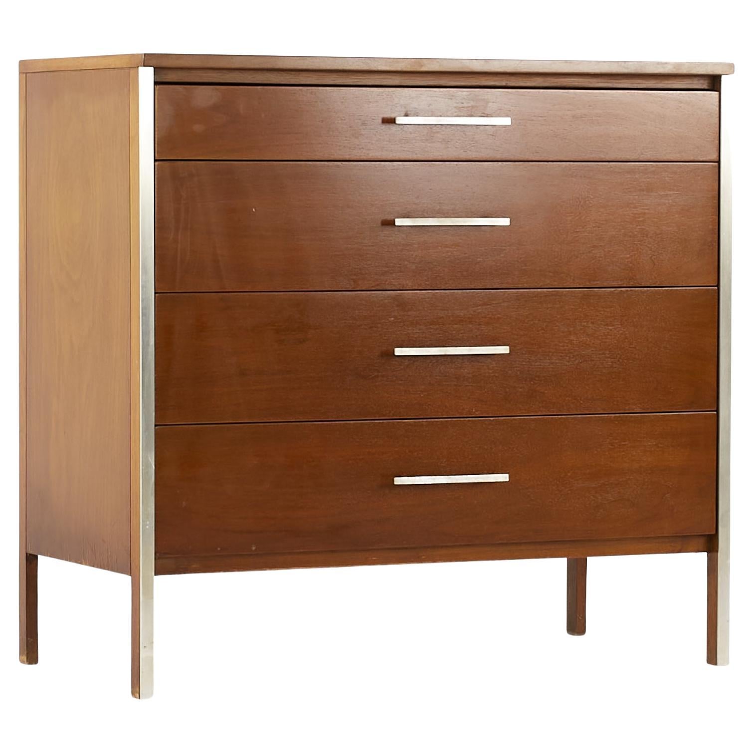 Paul McCobb Calvin Linear MCM Walnut Stainless Steel 4 Drawer Chest of Drawers