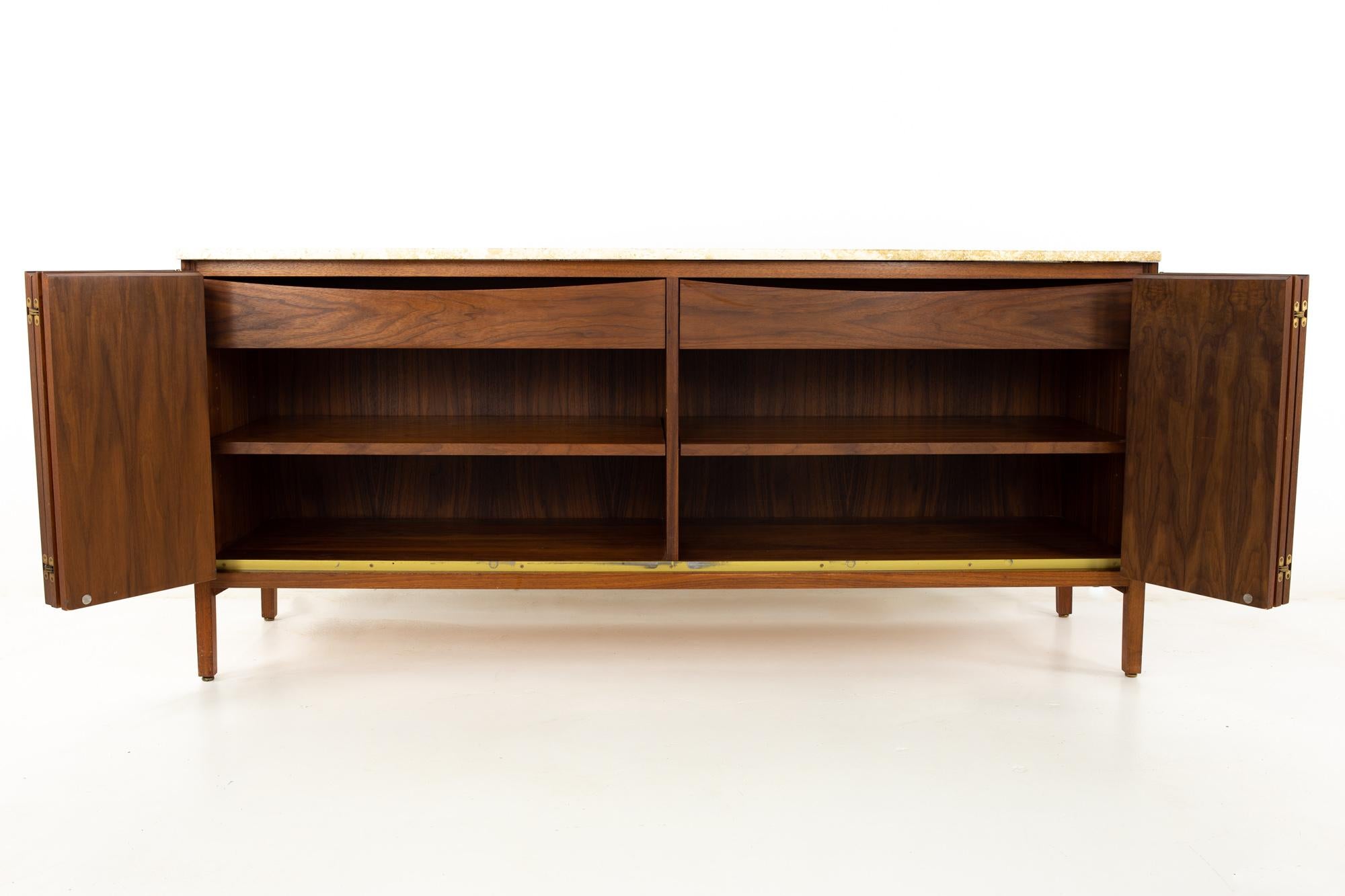 Late 20th Century Paul McCobb Calvin MCM Walnut Travertine Marble Top Sideboard Buffet Credenza