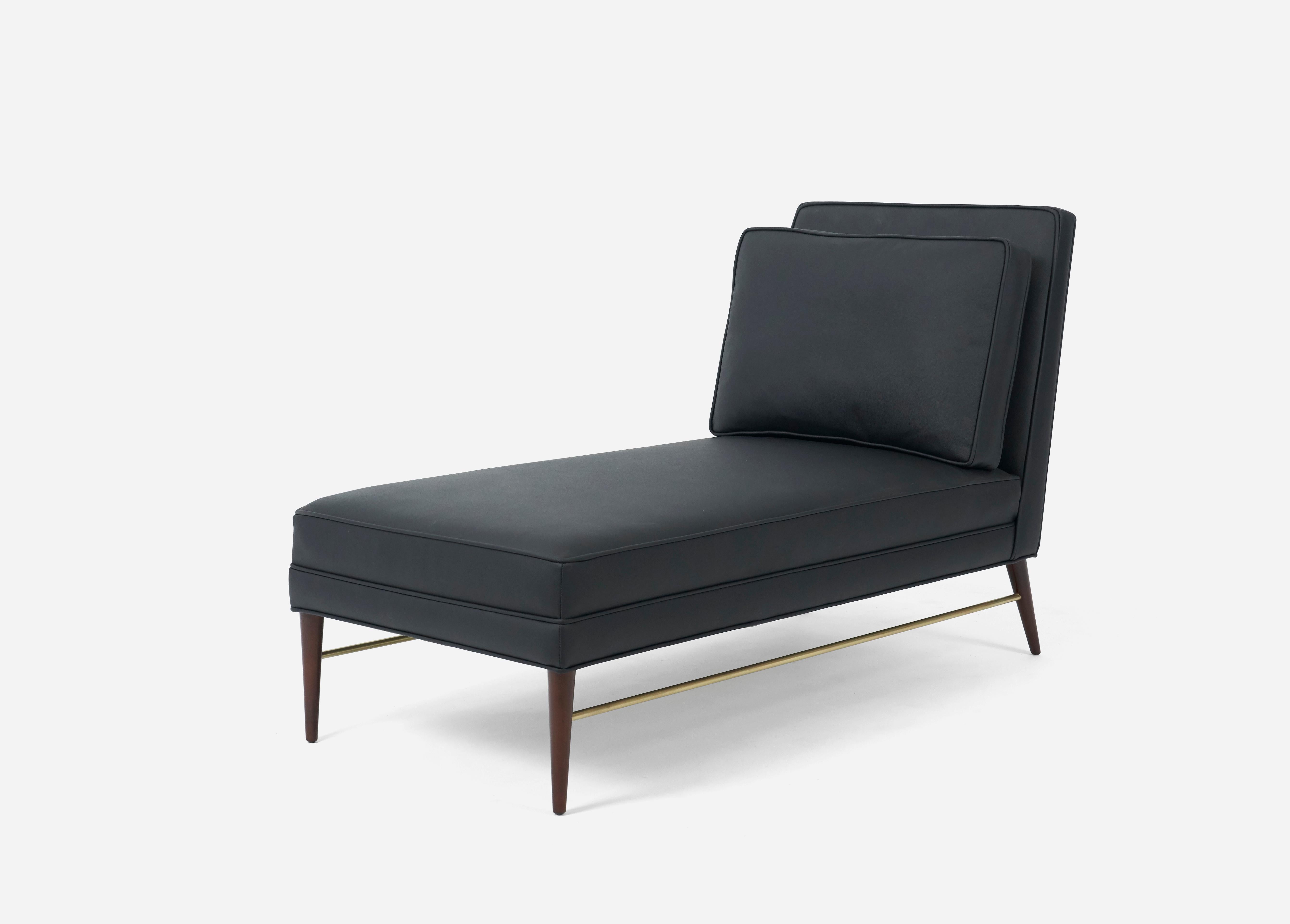 Chaise lounges by Paul McCobb for Calvin Furniture. Fully restored. Reupholstered in black leather. Polished brass stretchers.
