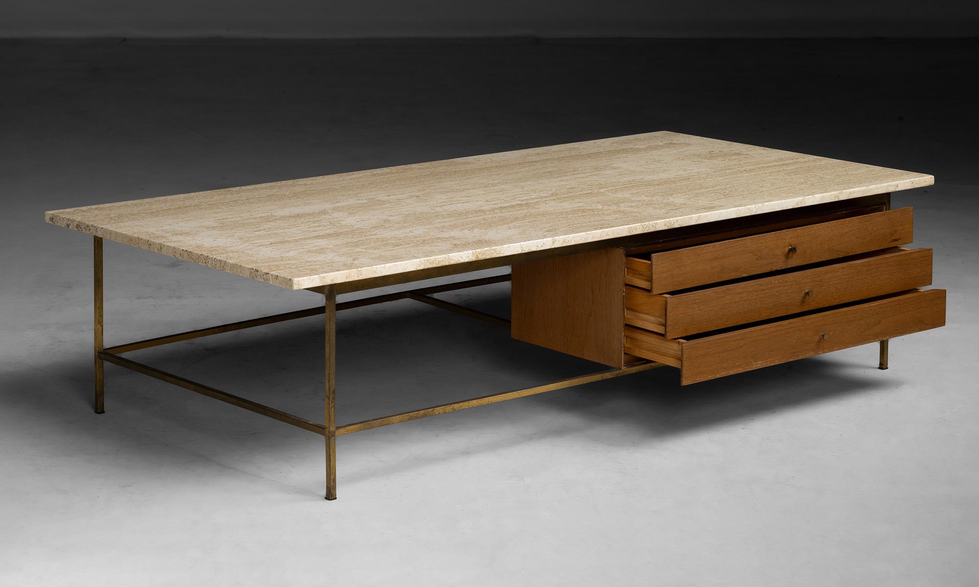 Paul McCobb Coffee Table
America, 1952
Model No. 8705, manufactured by Calvin Furniture, USA. Mahogany, travertine and brass. Interior of top draw with metal label.
63.5”L x 32”d x 16”h
