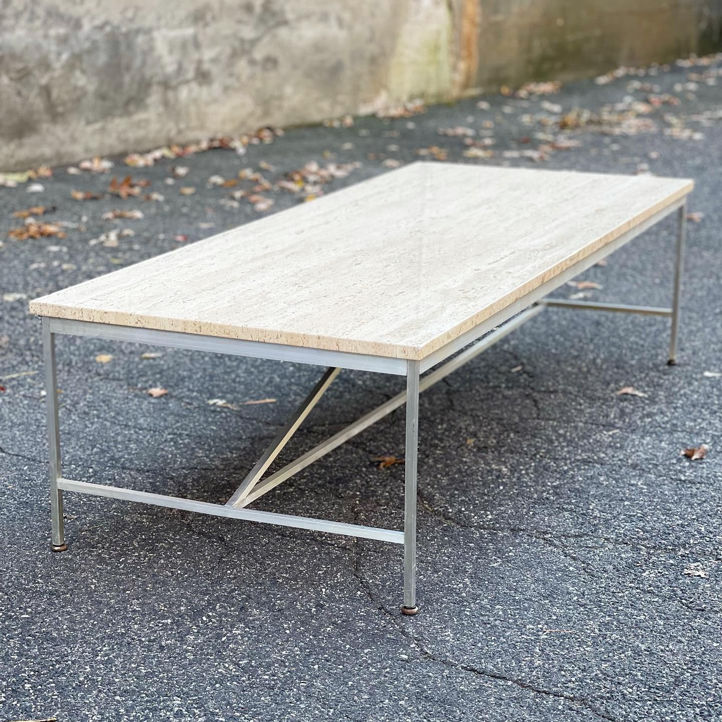 Paul McCobb Mid Century Coffee Table in Travertine and Aluminum for Directional 1