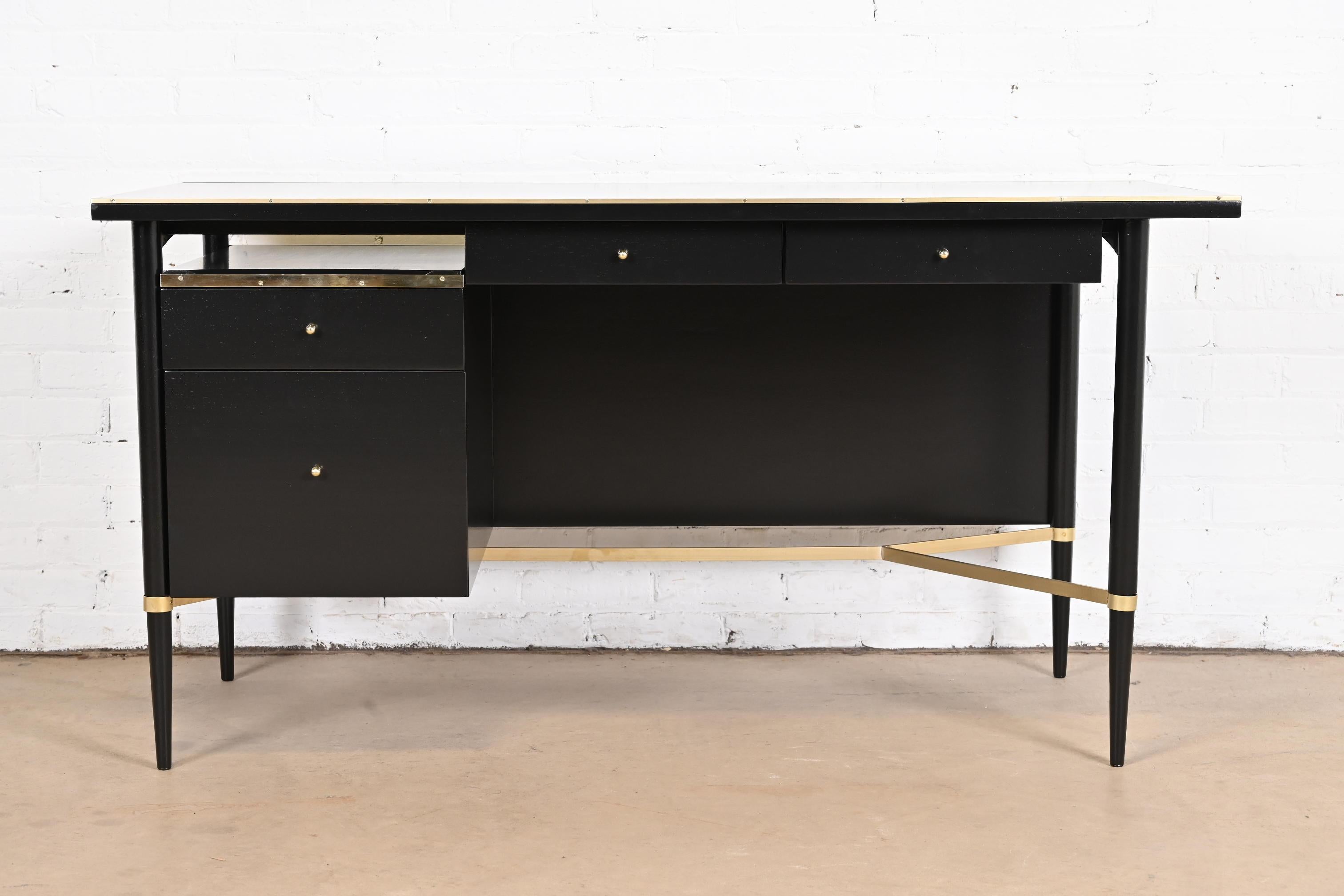 Mid-Century Modern Paul McCobb Connoisseur Collection Black Lacquer and Brass Desk, Refinished For Sale