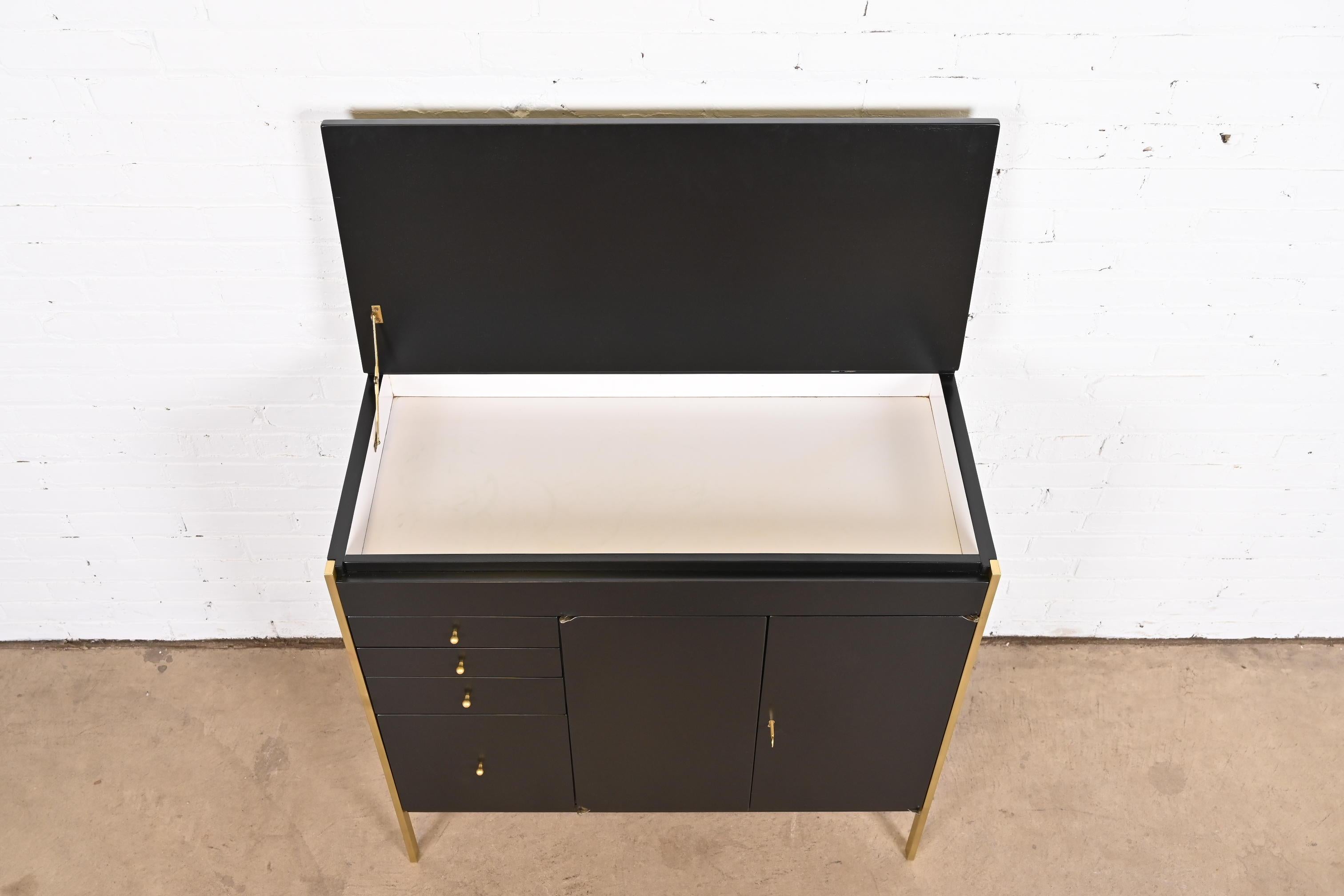 Paul McCobb Connoisseur Collection Black Lacquer and Brass Lift Top Bar Cabinet 4