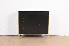Paul McCobb Connoisseur Collection Black Lacquer and Brass Lift Top Bar Cabinet