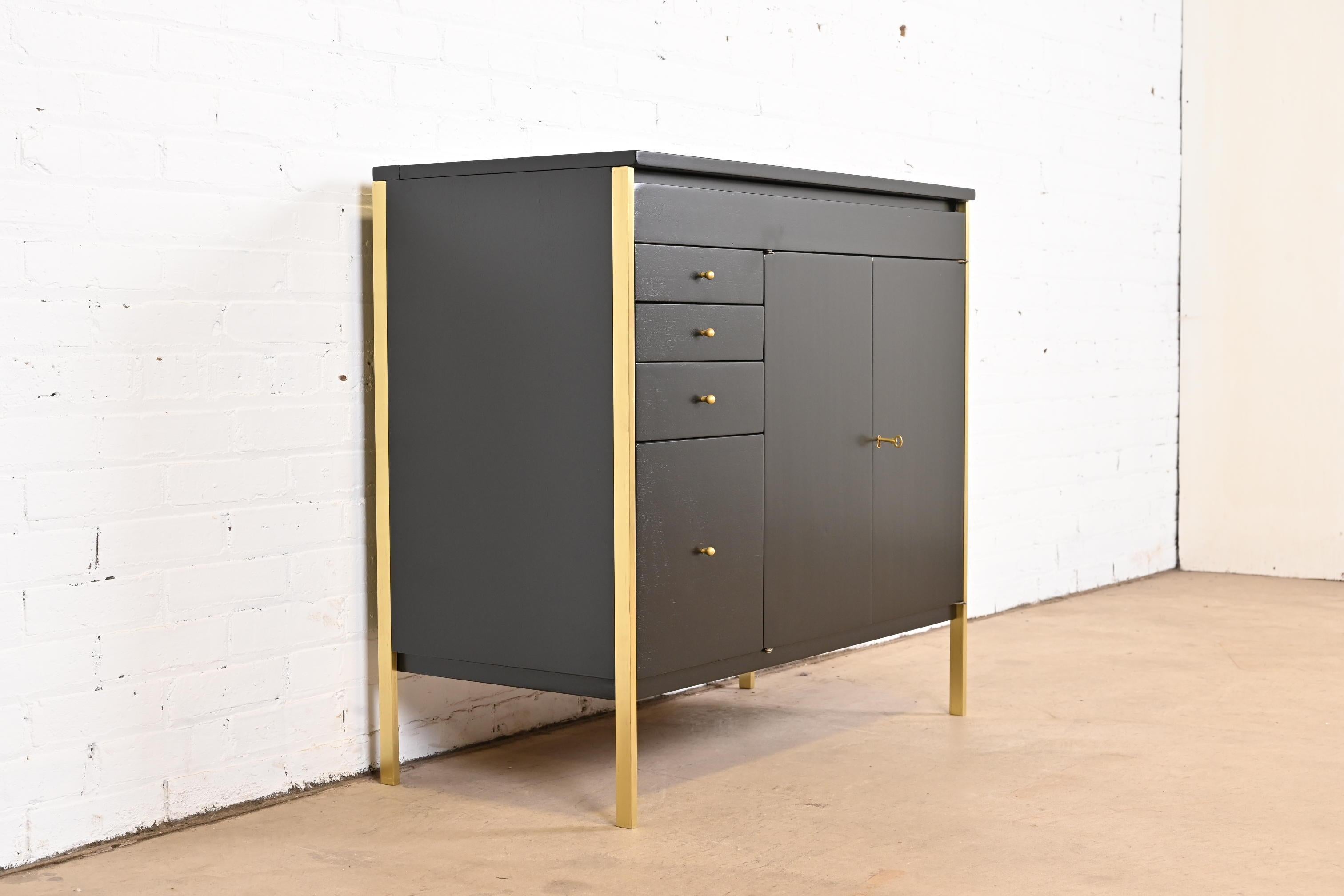 American Paul McCobb Connoisseur Collection Black Lacquer and Brass Lift Top Bar Cabinet