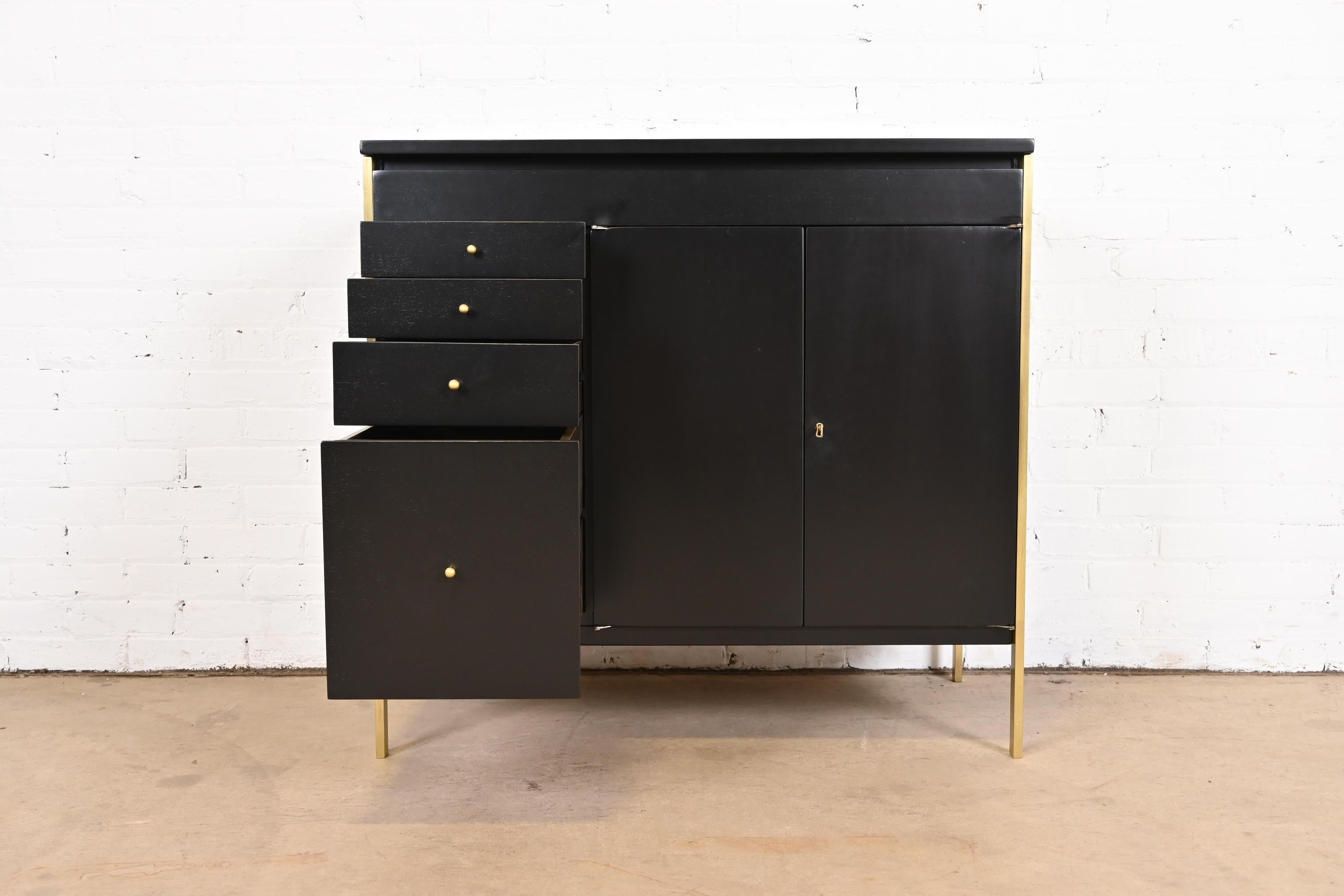 Mid-20th Century Paul McCobb Connoisseur Collection Black Lacquer and Brass Lift Top Bar Cabinet
