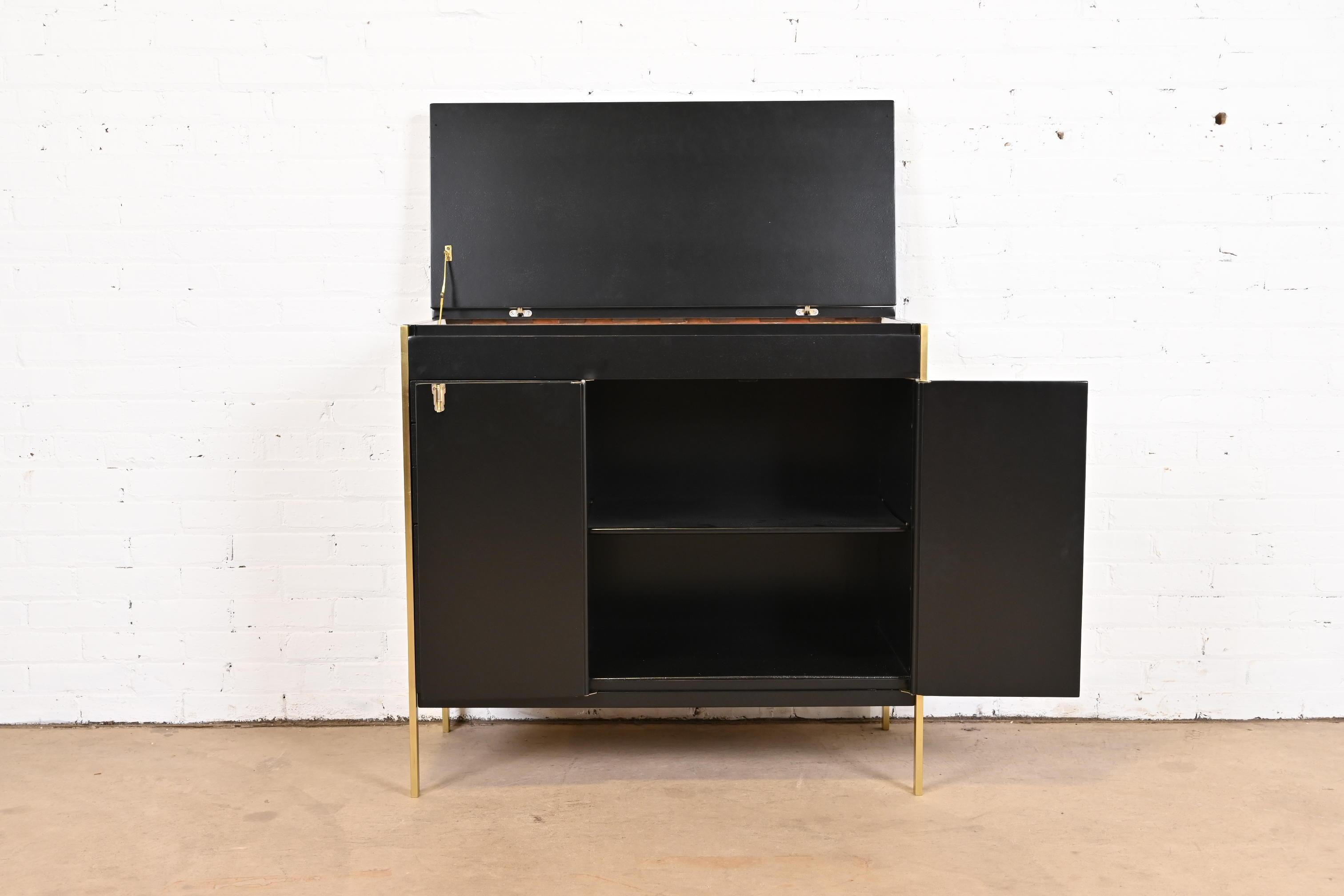 Paul McCobb Connoisseur Collection Black Lacquer and Brass Lift Top Bar Cabinet 1