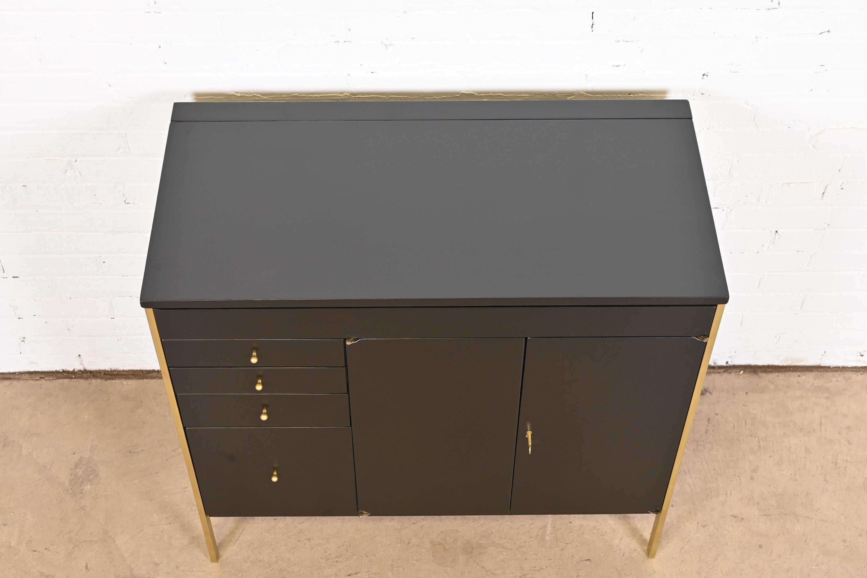 Paul McCobb Connoisseur Collection Black Lacquer and Brass Lift Top Bar Cabinet 3