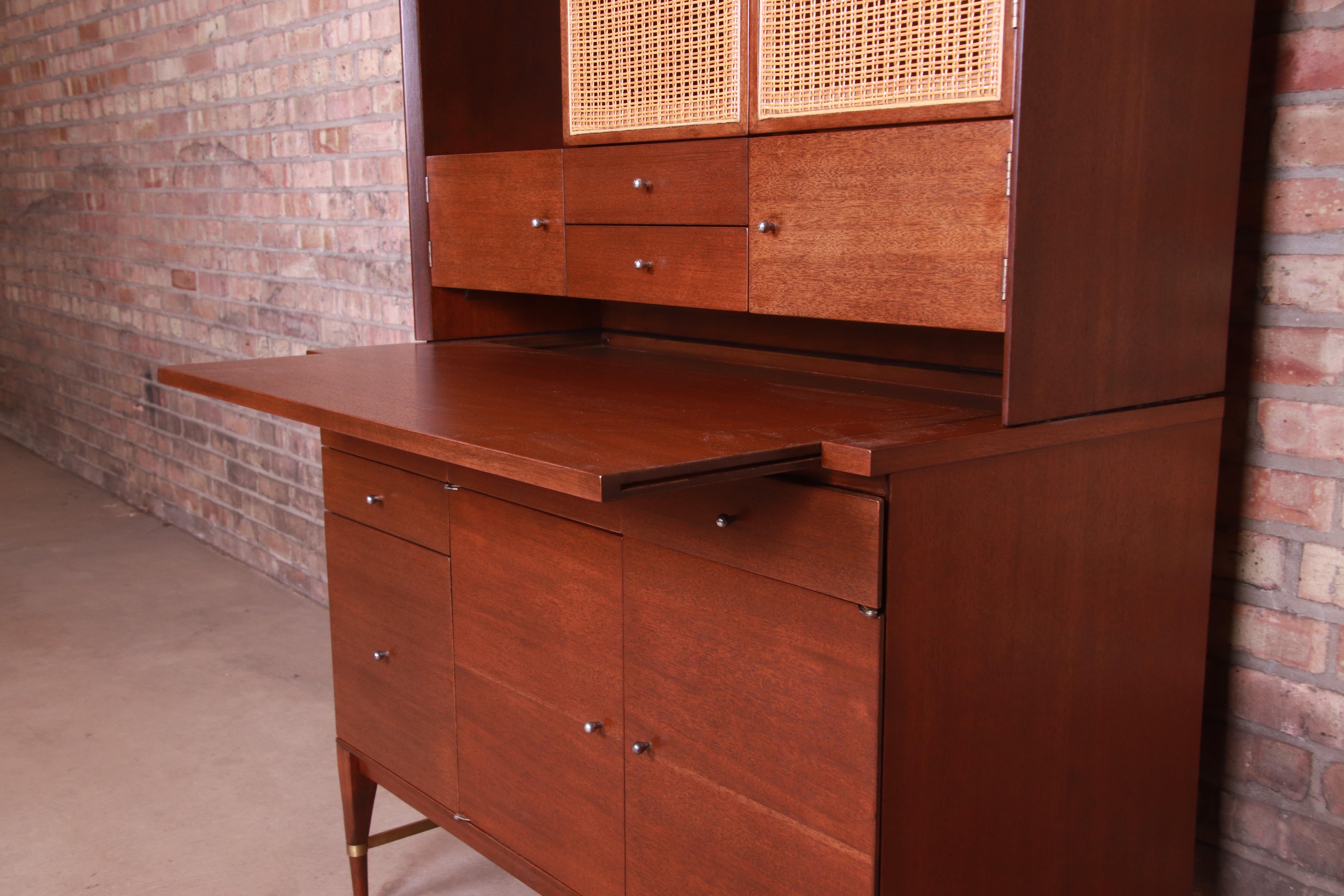 Paul McCobb Connoisseur Collection Mahogany and Cane Bar Cabinet, Refinished In Good Condition In South Bend, IN