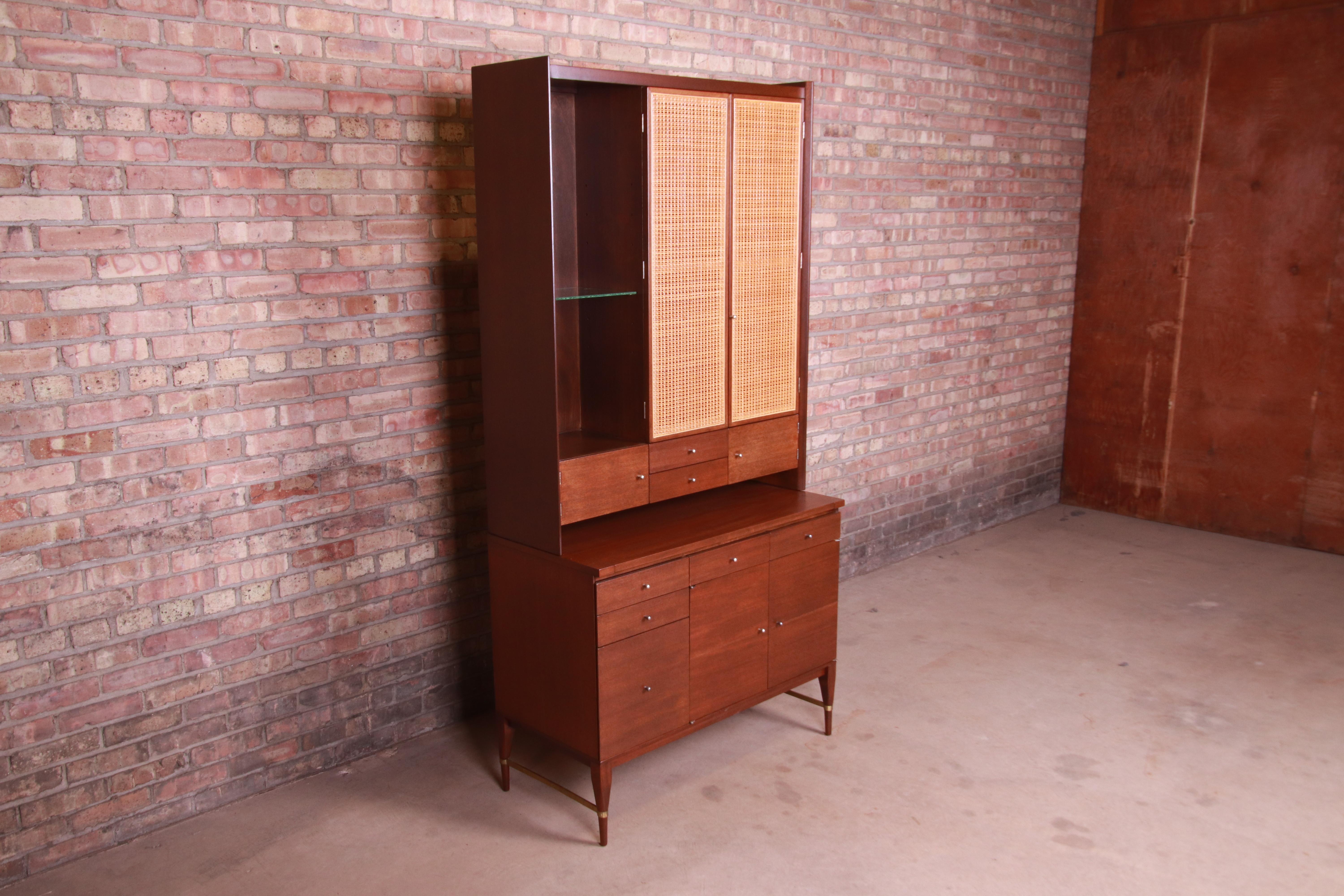 Brass Paul McCobb Connoisseur Collection Mahogany and Cane Bar Cabinet, Refinished