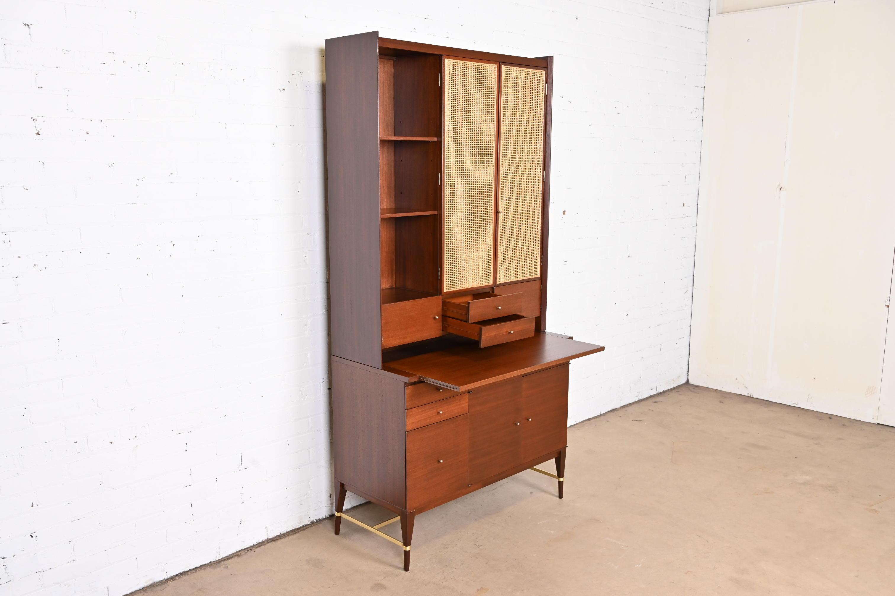 Brass Paul McCobb Connoisseur Collection Mahogany Breakfront Bookcase or Bar Cabinet