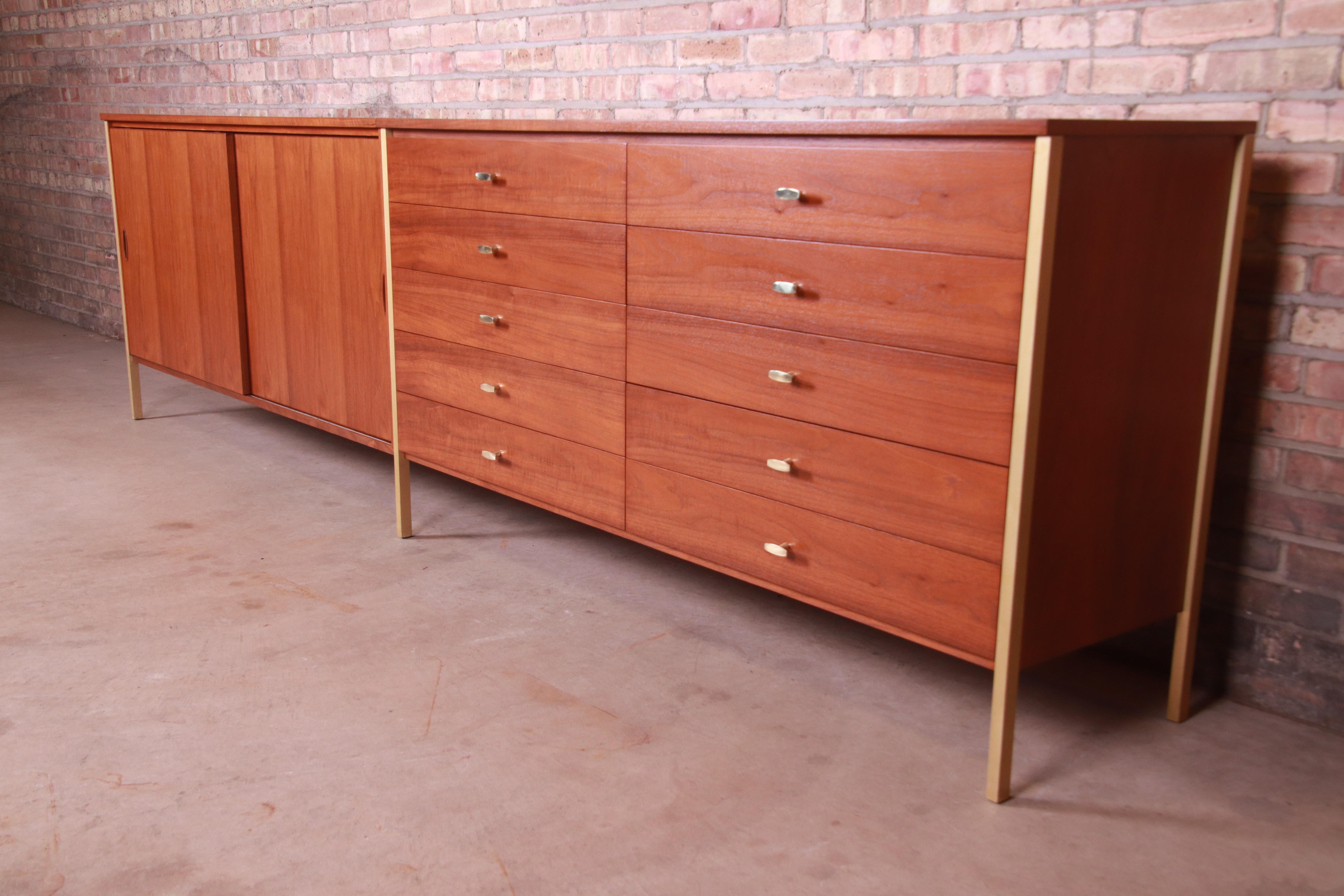 Mid-Century Modern Paul McCobb Connoisseur Collection Walnut and Brass Monumental Credenza, 1950s