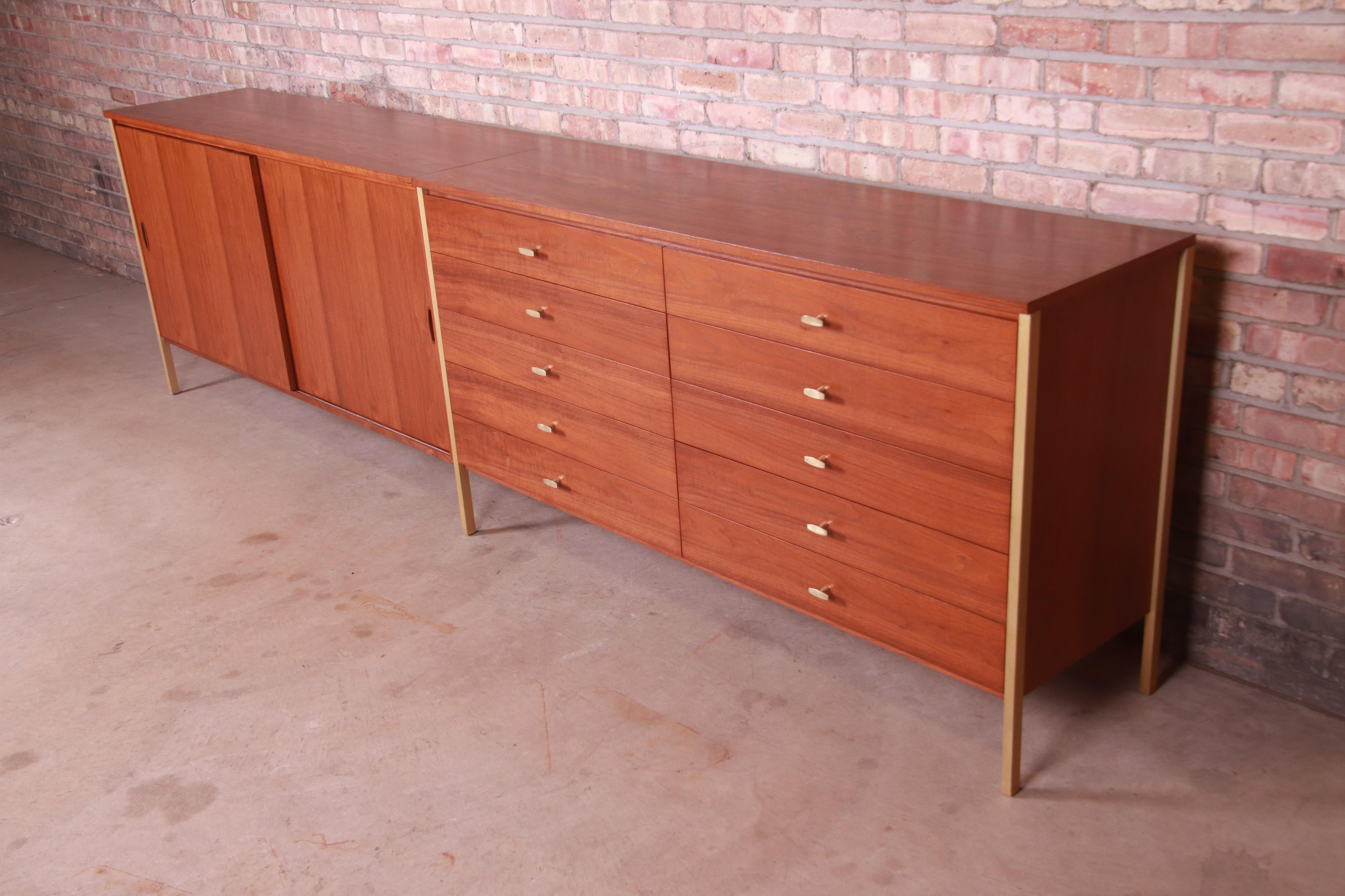 American Paul McCobb Connoisseur Collection Walnut and Brass Monumental Credenza, 1950s