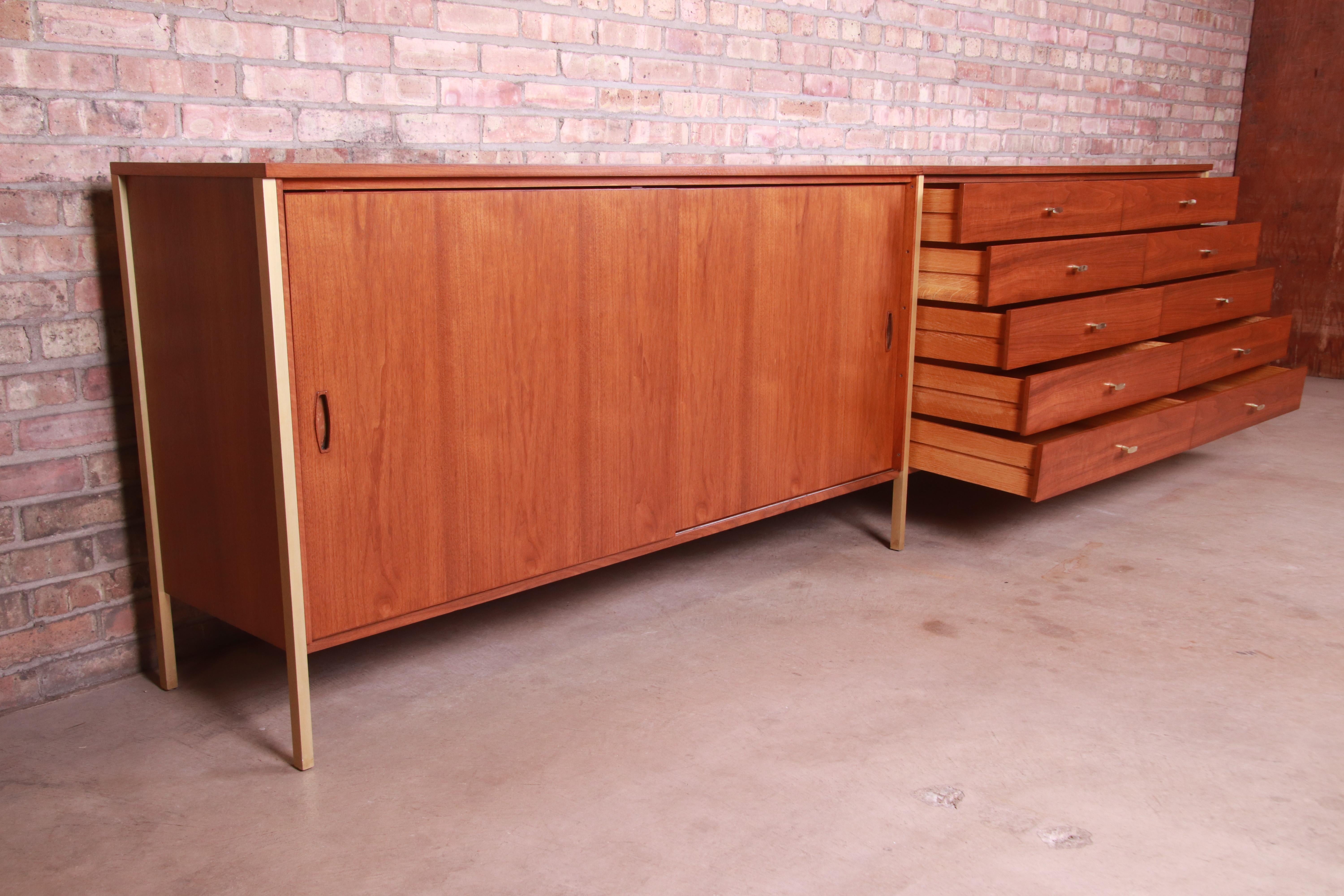 Mid-20th Century Paul McCobb Connoisseur Collection Walnut and Brass Monumental Credenza, 1950s