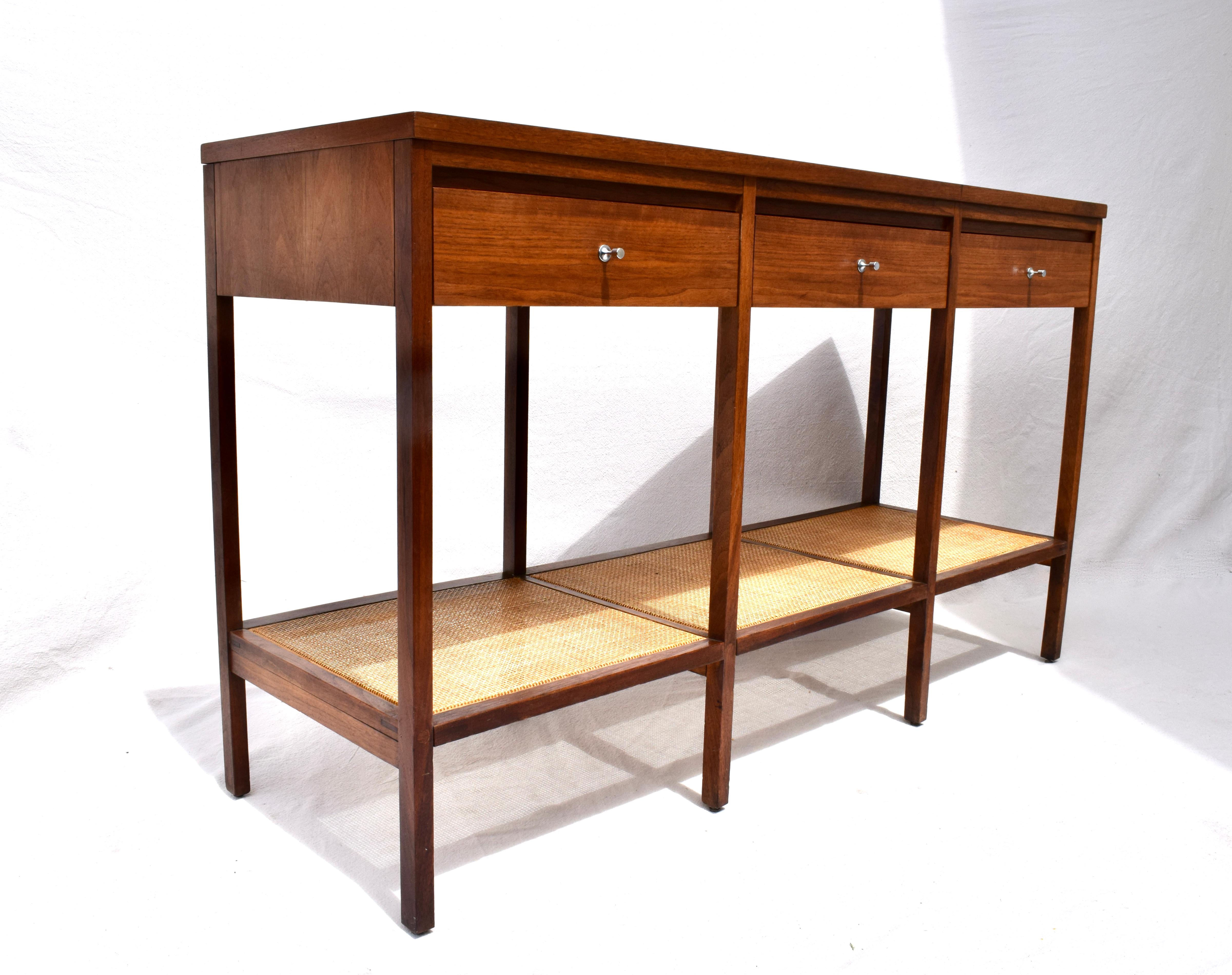 Lane Delineator Group console table / sideboard by Paul McCobb in beautifully maintained condition. Two tiers with three drawers. Documented design; signed.